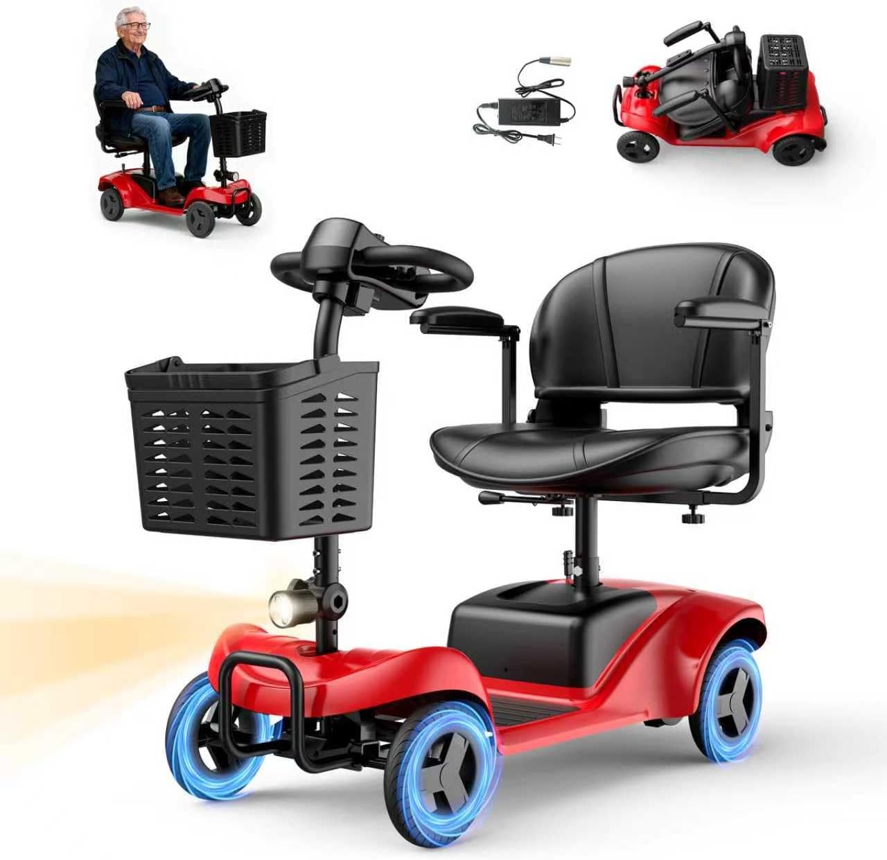 Mobility Scooter,4 Wheel Mobility Scooter,15 Miles Range,300W Motor, 300LBS Capacity,Lightweight and Portable,with LED Headlights and Basket,Charger Included,Blue