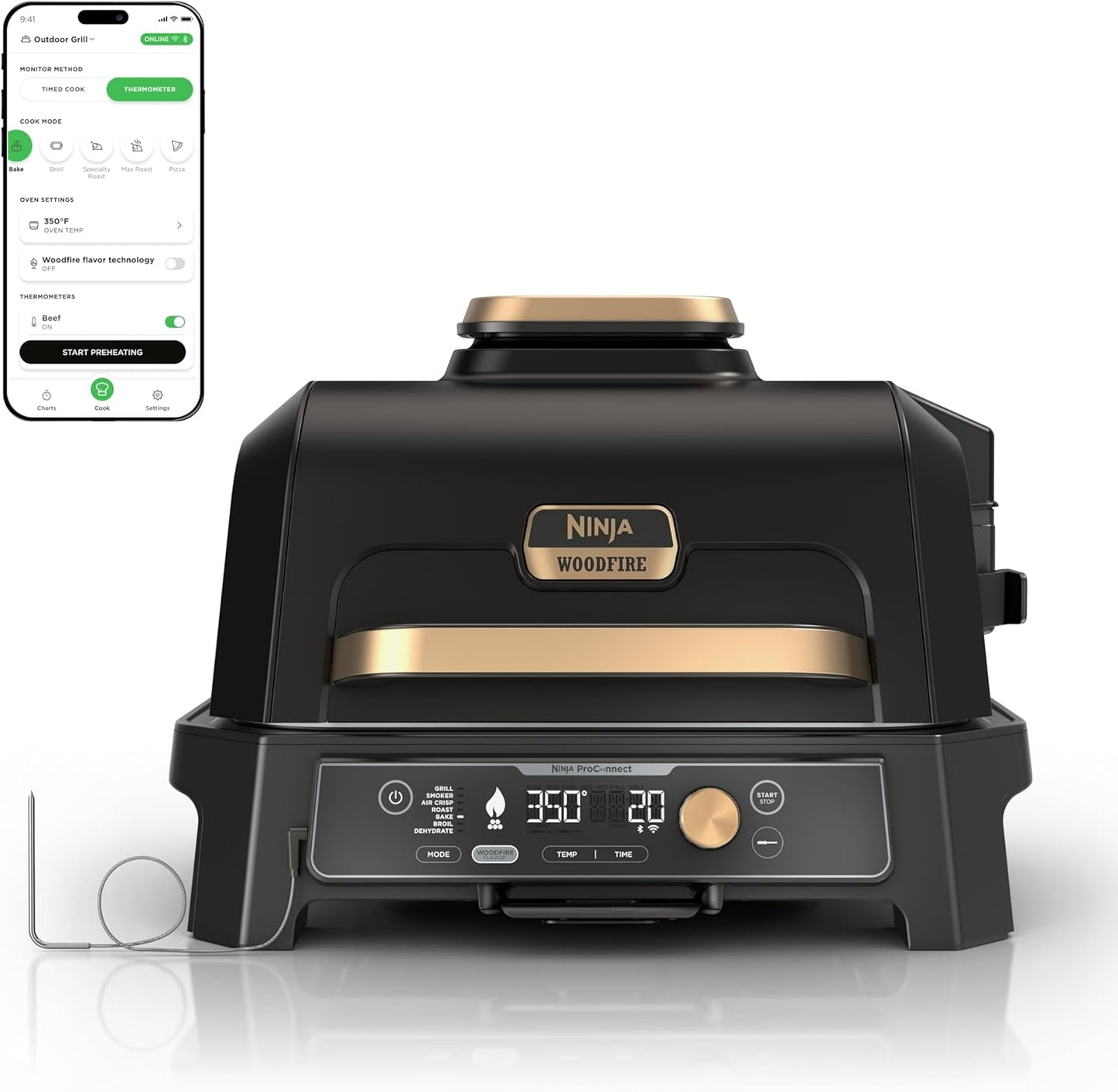 Ninja Woodfire Pro Connect XL Outdoor Grill & Smoker | Bluetooth, App Enabled | 7-in-1 Grill, BBQ Smoker, Outdoor Air Fryer | Woodfire Technology | Built-In Thermometer | Green & Gold | OG951GN2