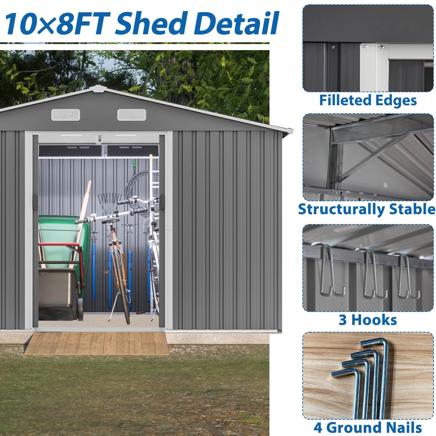 10X8 FT Outdoor Storage Shed, Metal Foundation &amp; Lockable Doors, Tool Shed For Garden, Patio, Backyard, Lawn, Grey