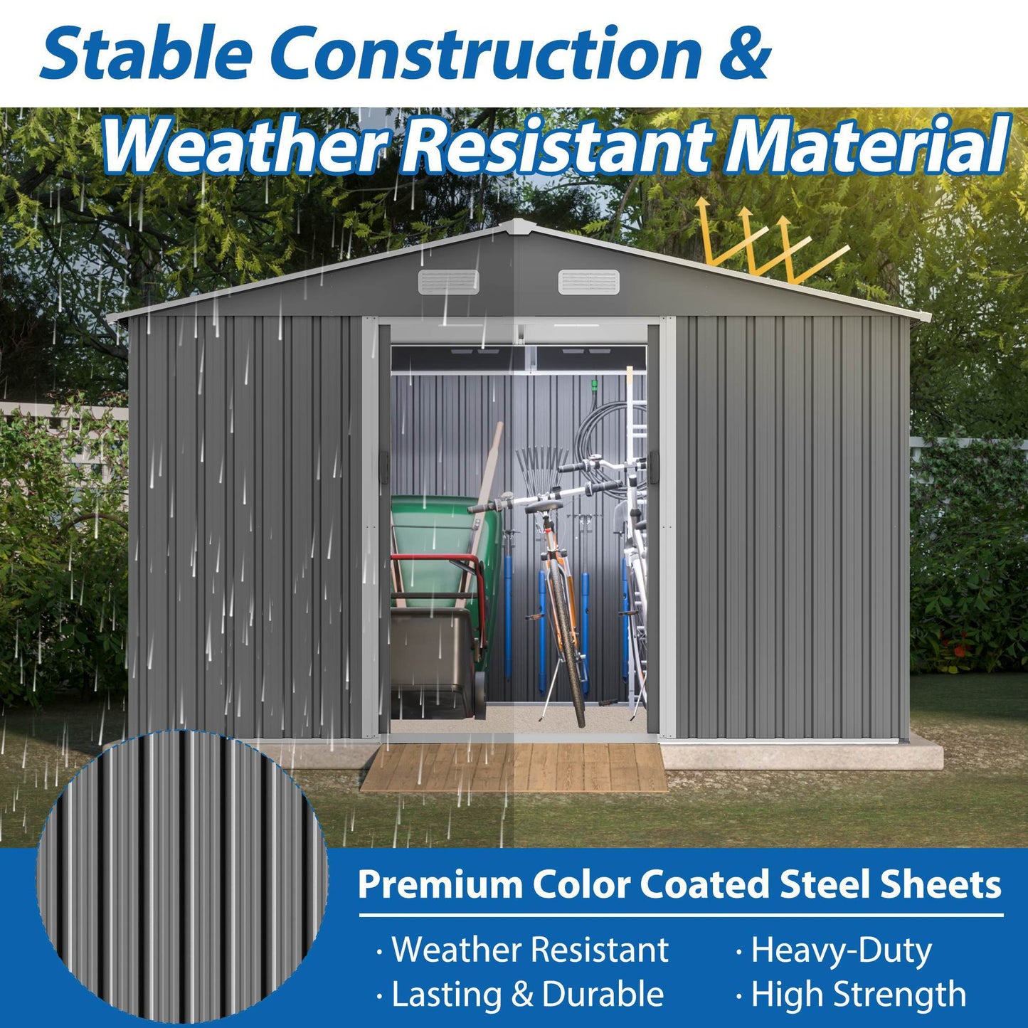 10X8 FT Outdoor Storage Shed, Metal Foundation &amp; Lockable Doors, Tool Shed For Garden, Patio, Backyard, Lawn, Grey