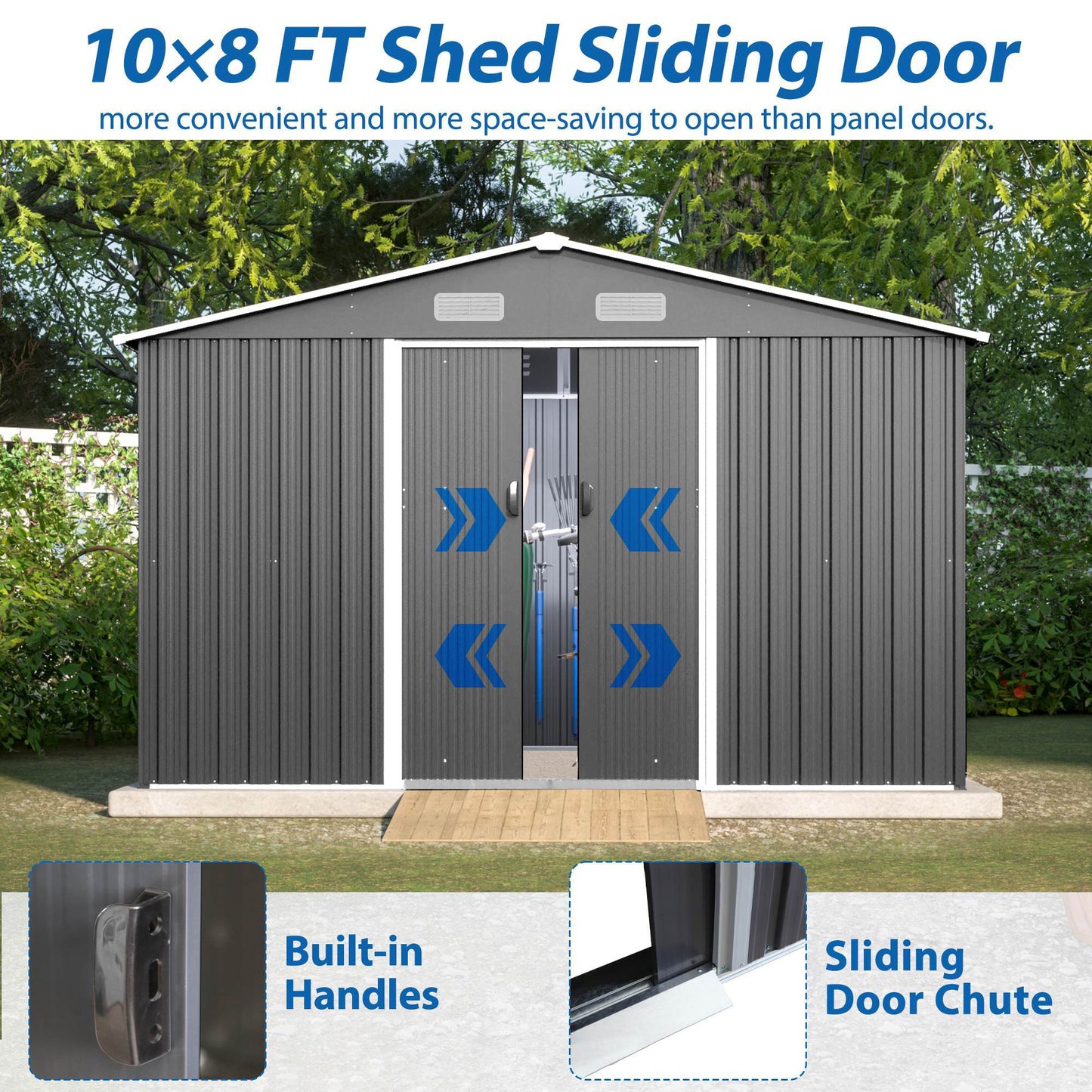 10X8 FT Outdoor Storage Shed, Metal Foundation &amp; Lockable Doors, Tool Shed For Garden, Patio, Backyard, Lawn, Grey