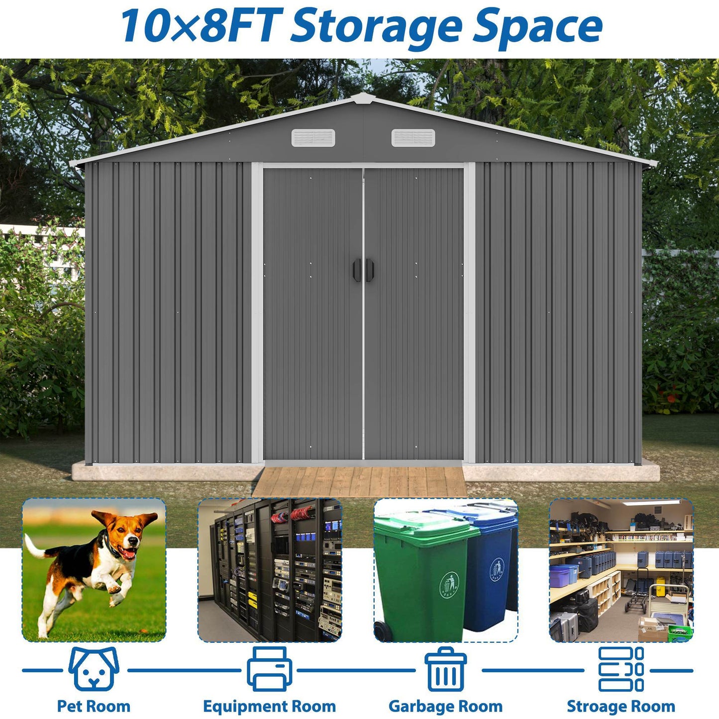 10X8 FT Outdoor Storage Shed, Metal Foundation &amp; Lockable Doors, Tool Shed For Garden, Patio, Backyard, Lawn, Grey