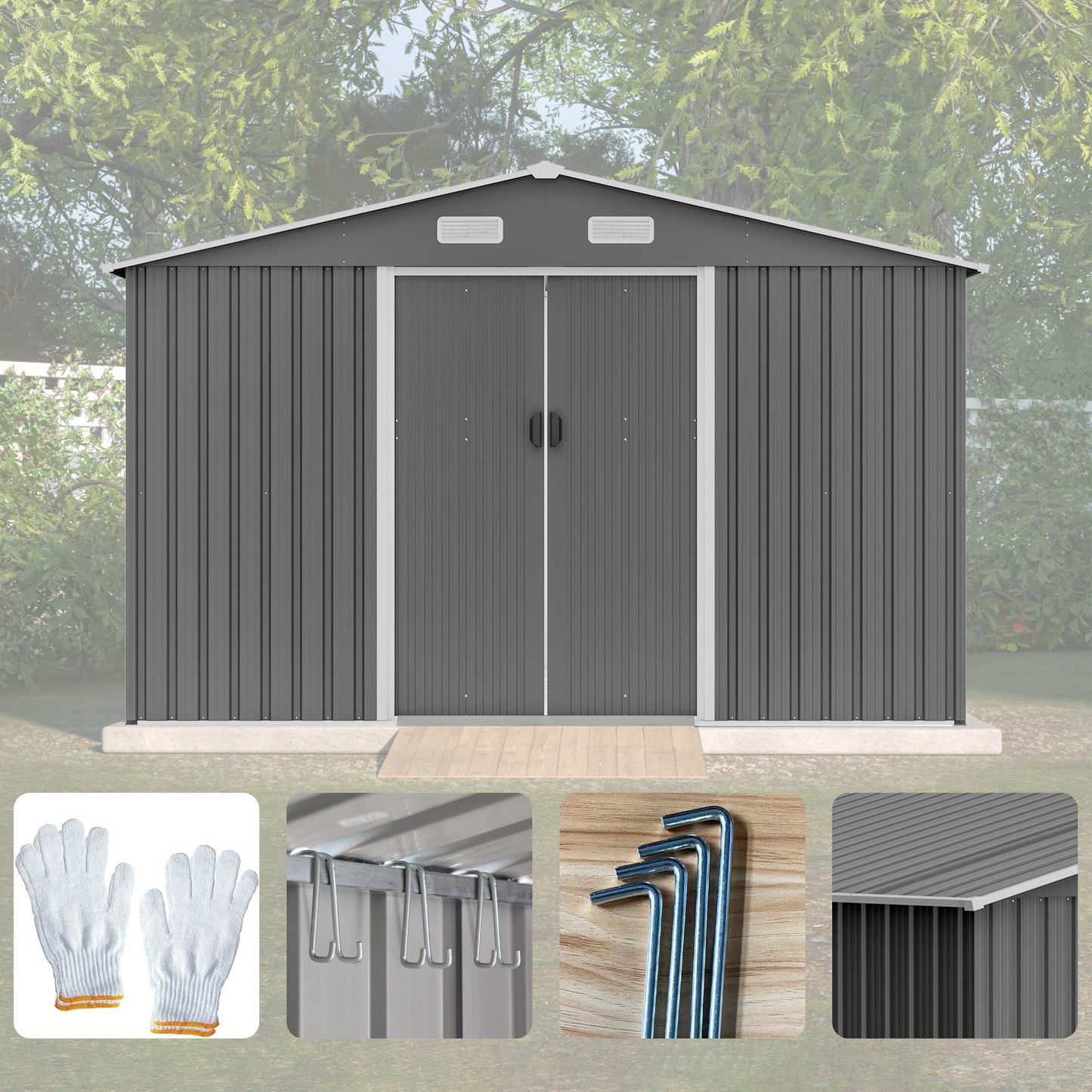 10X8 FT Outdoor Storage Shed, Metal Foundation &amp; Lockable Doors, Tool Shed For Garden, Patio, Backyard, Lawn, Grey