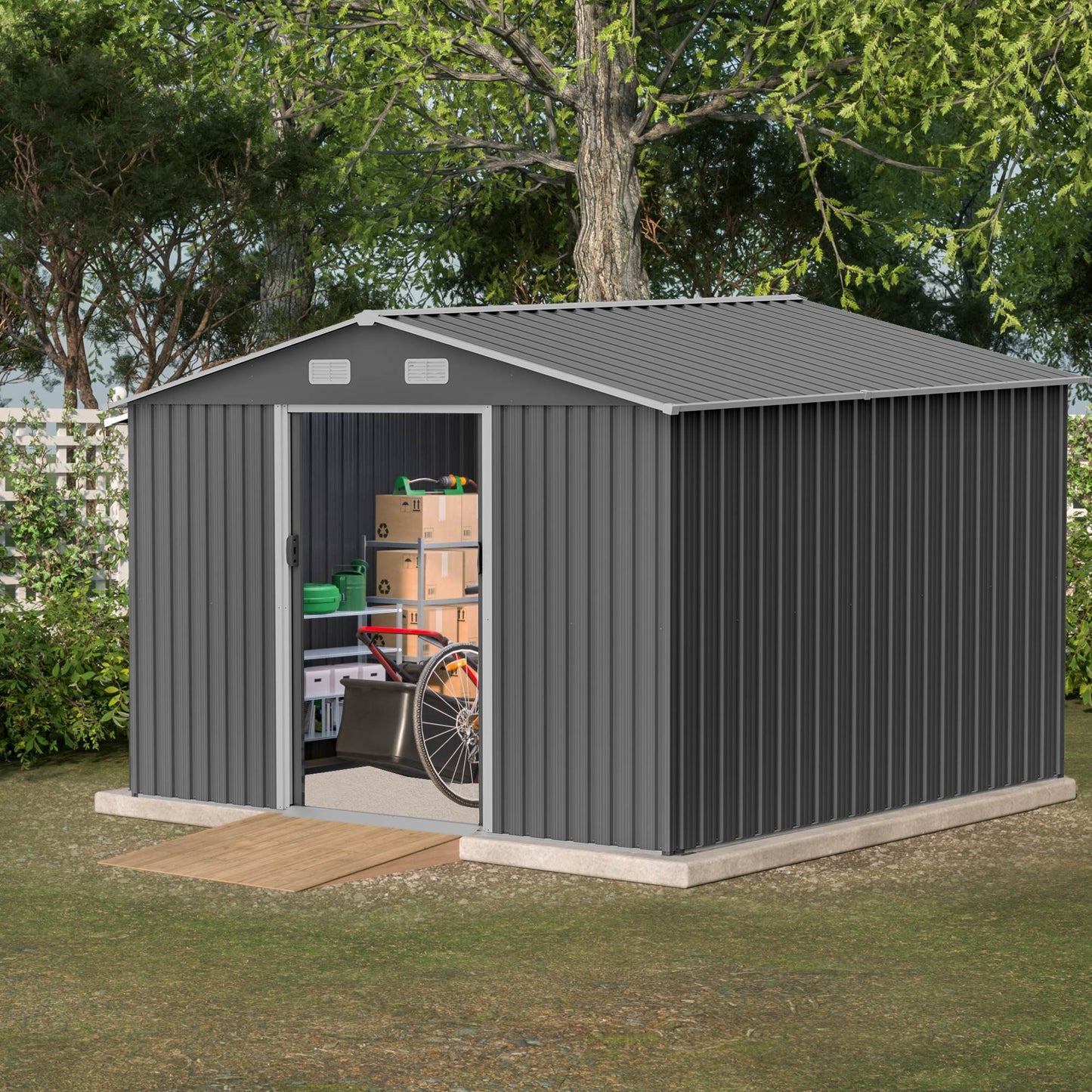 10X8 FT Outdoor Storage Shed, Metal Foundation &amp; Lockable Doors, Tool Shed For Garden, Patio, Backyard, Lawn, Grey
