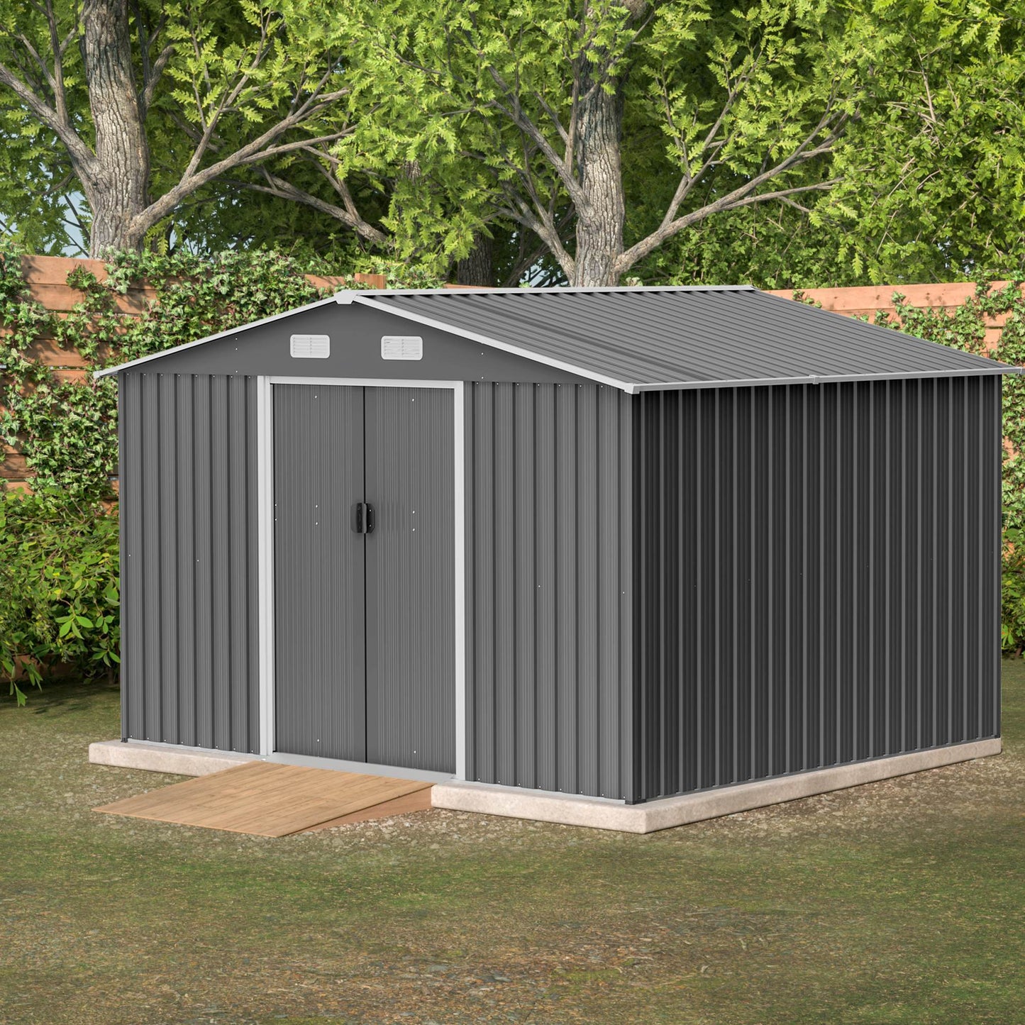 10X8 FT Outdoor Storage Shed, Metal Foundation &amp; Lockable Doors, Tool Shed For Garden, Patio, Backyard, Lawn, Grey