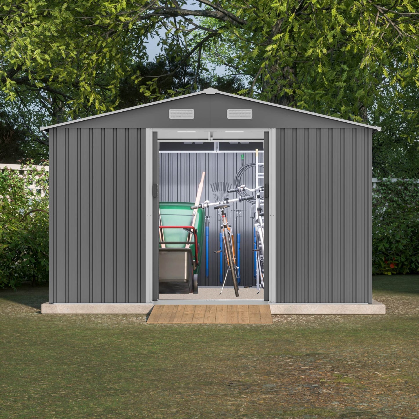 10X8 FT Outdoor Storage Shed, Metal Foundation &amp; Lockable Doors, Tool Shed For Garden, Patio, Backyard, Lawn, Grey
