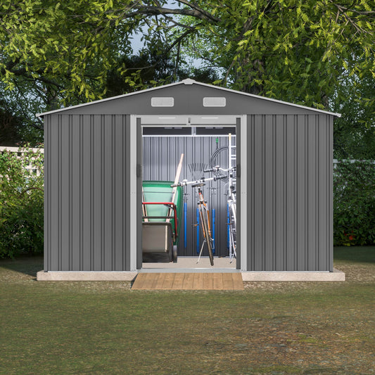10X8 FT Outdoor Storage Shed, Metal Foundation &amp; Lockable Doors, Tool Shed For Garden, Patio, Backyard, Lawn, Grey