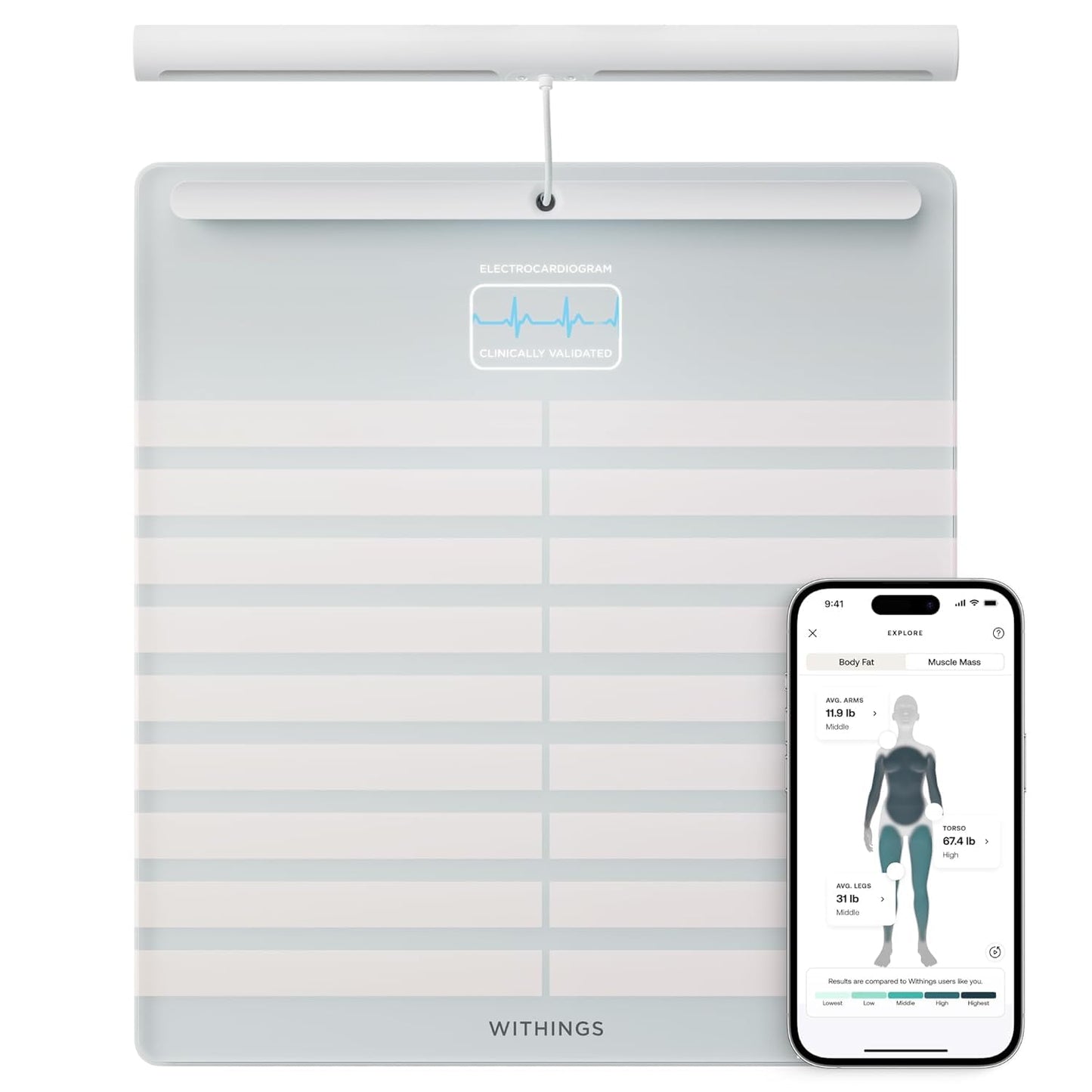 WITHINGS Body Scan - Smart Scale with Segmental Body Composition Analysis, Weighing Scales Body Weight & Vascular Age, Visceral Fat, Heart Rate, iOS/Android, Black