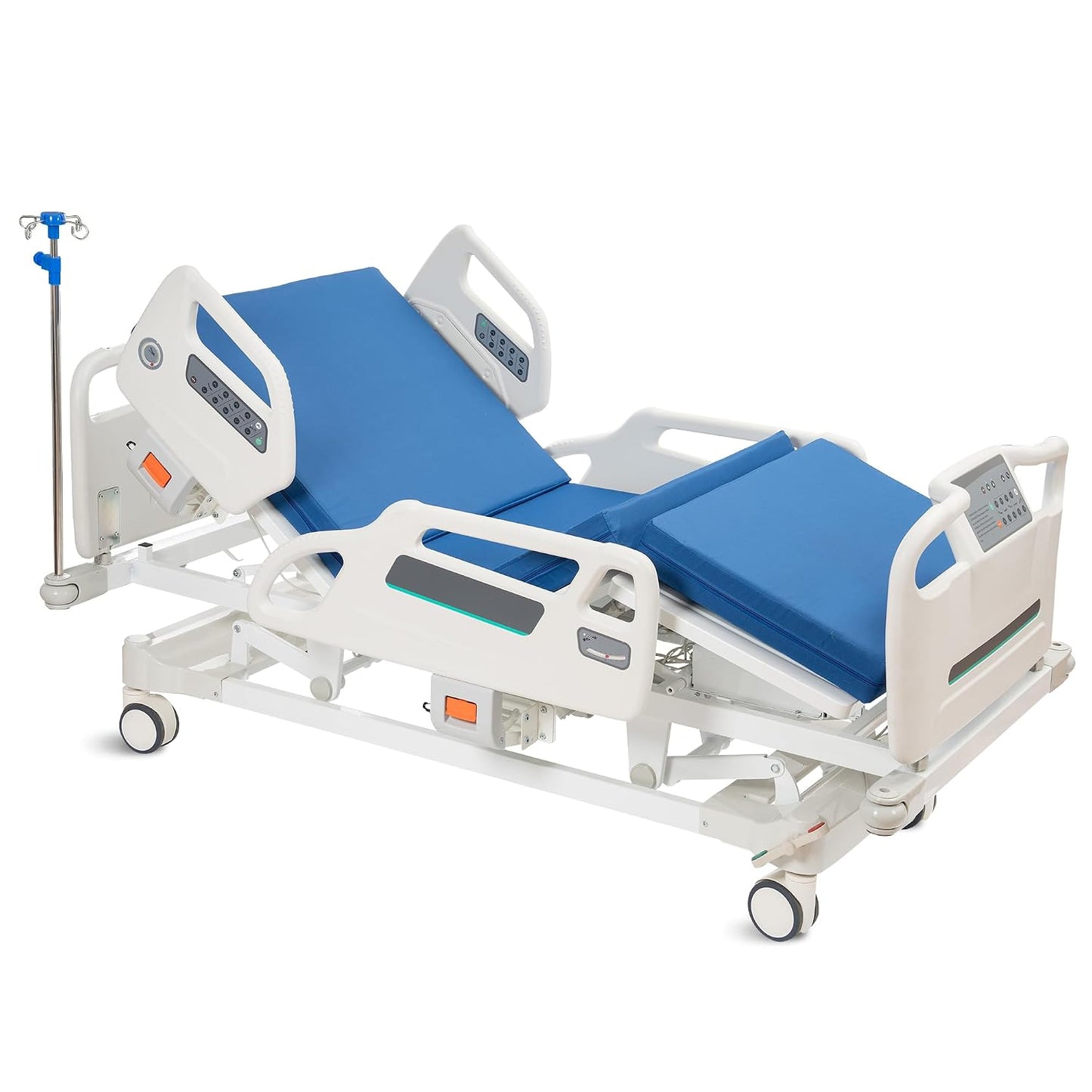 Real Relax Premium 3 Function Full Electric Hospital Bed (with Mattress & IV Pole), Premium Medical Hospital Beds, with Locking Casters, Motor, 530LBS Loading, Includes Sheets (2X)