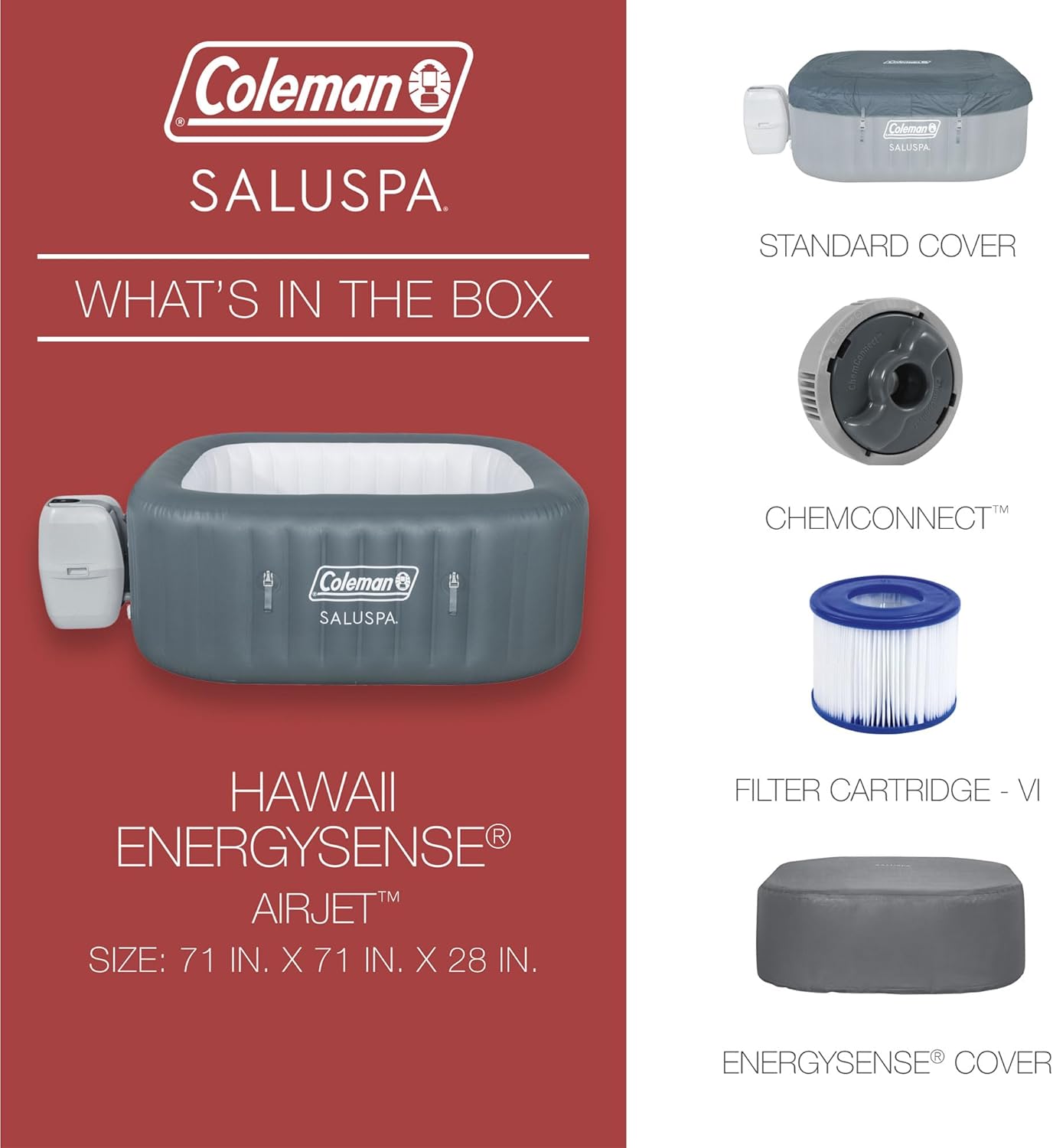 Coleman Hawaii AirJet Large Square 4 to 6 Person Inflatable Hot Tub Portable Outdoor Spa with 140 AirJets and EnergySense Cover, Grey