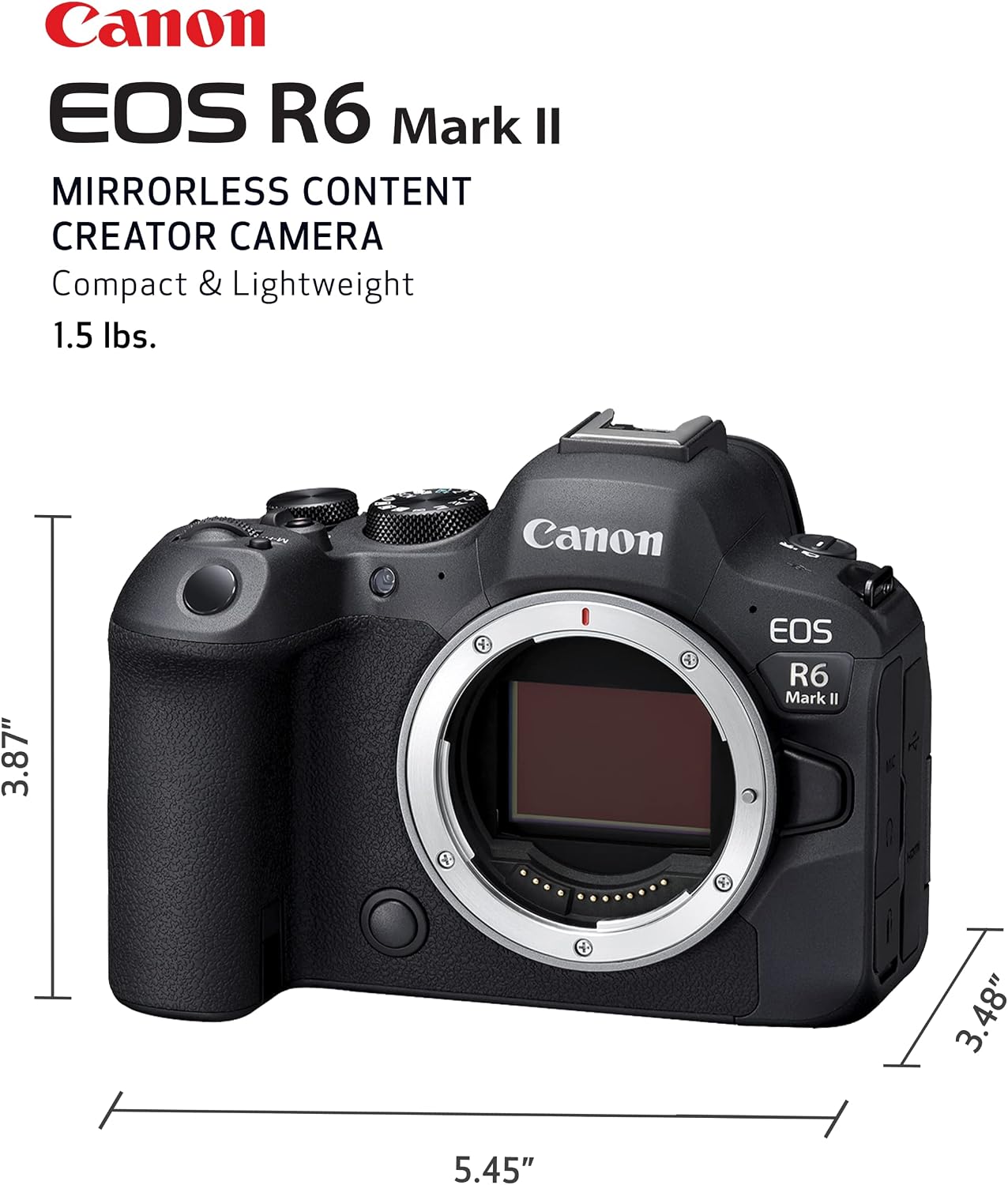 Canon EOS R6 Mark II Mirrorless Camera (Body Only), Full-Frame Camera, 24.2 Megapixel CMOS Sensor, Photo and Video Capabilities, Black | 24.2MP Full-Frame CMOS, Digic X, 5-Axis Ibis Up to 8 Stops, 6K Oversampled 4k60, Raw Burst 30 Fps, Dual UHS-Ii SD Slot