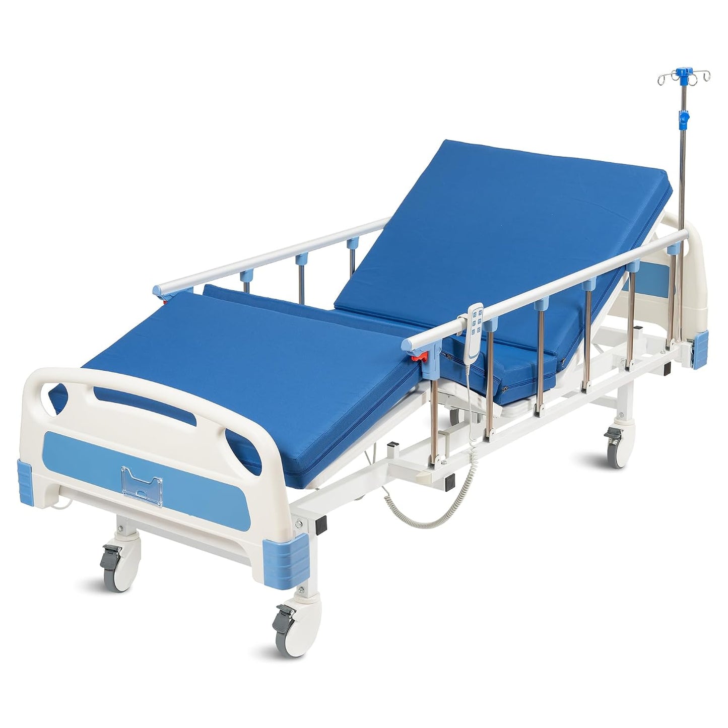 Real Relax Premium 3 Function Full Electric Hospital Bed (with Mattress & IV Pole), Premium Medical Hospital Beds, with Locking Casters, Motor, 530LBS Loading, Includes Sheets (2X)
