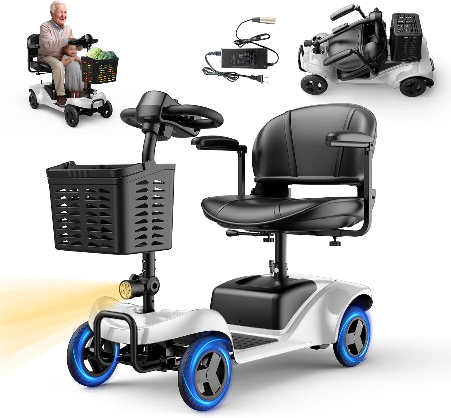 Mobility Scooter,4 Wheel Mobility Scooter,15 Miles Range,300W Motor, 300LBS Capacity,Lightweight and Portable,with LED Headlights and Basket,Charger Included,Blue