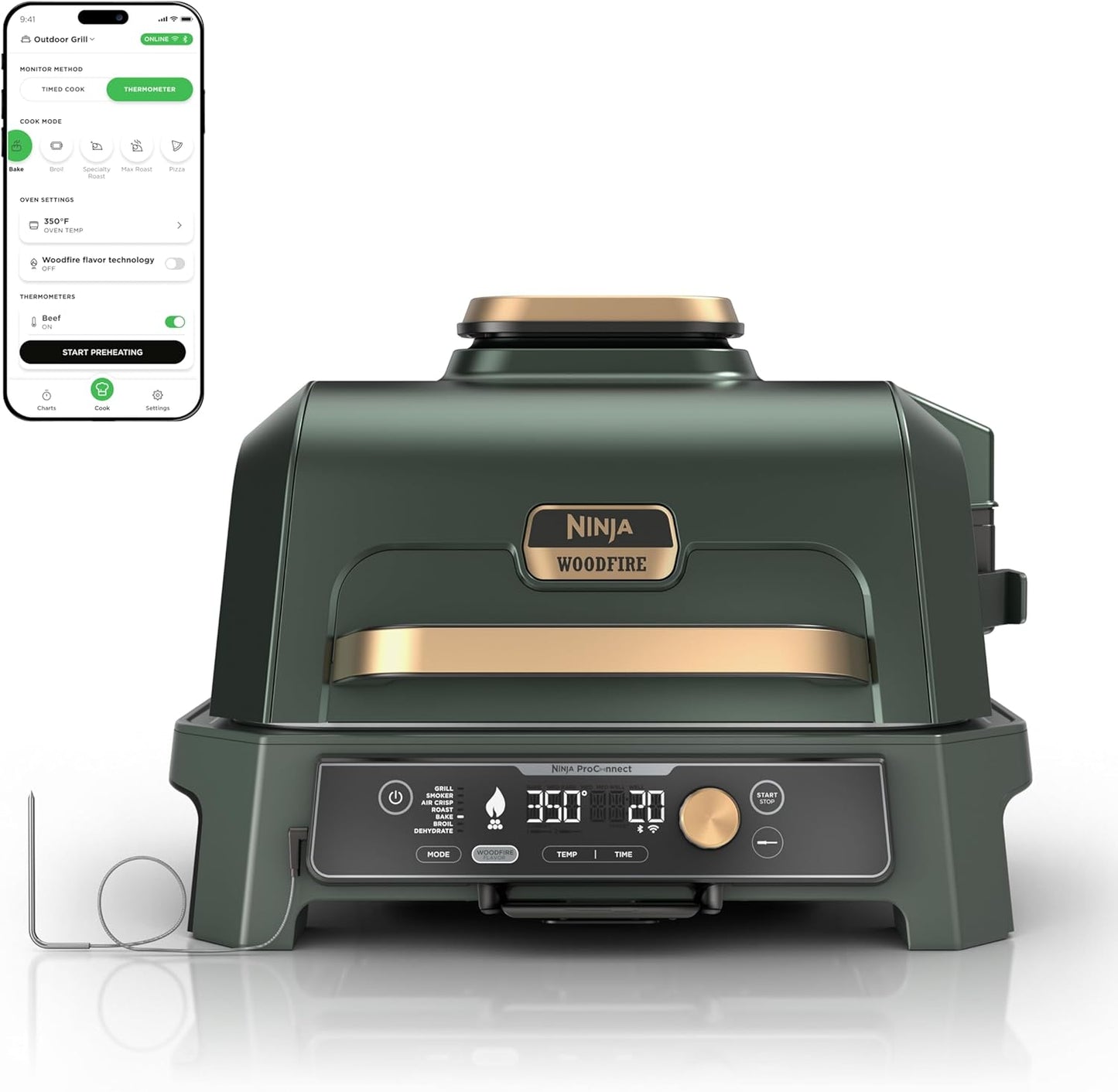 Ninja Woodfire Pro Connect XL Outdoor Grill & Smoker | Bluetooth, App Enabled | 7-in-1 Grill, BBQ Smoker, Outdoor Air Fryer | Woodfire Technology | Built-In Thermometer | Green & Gold | OG951GN2
