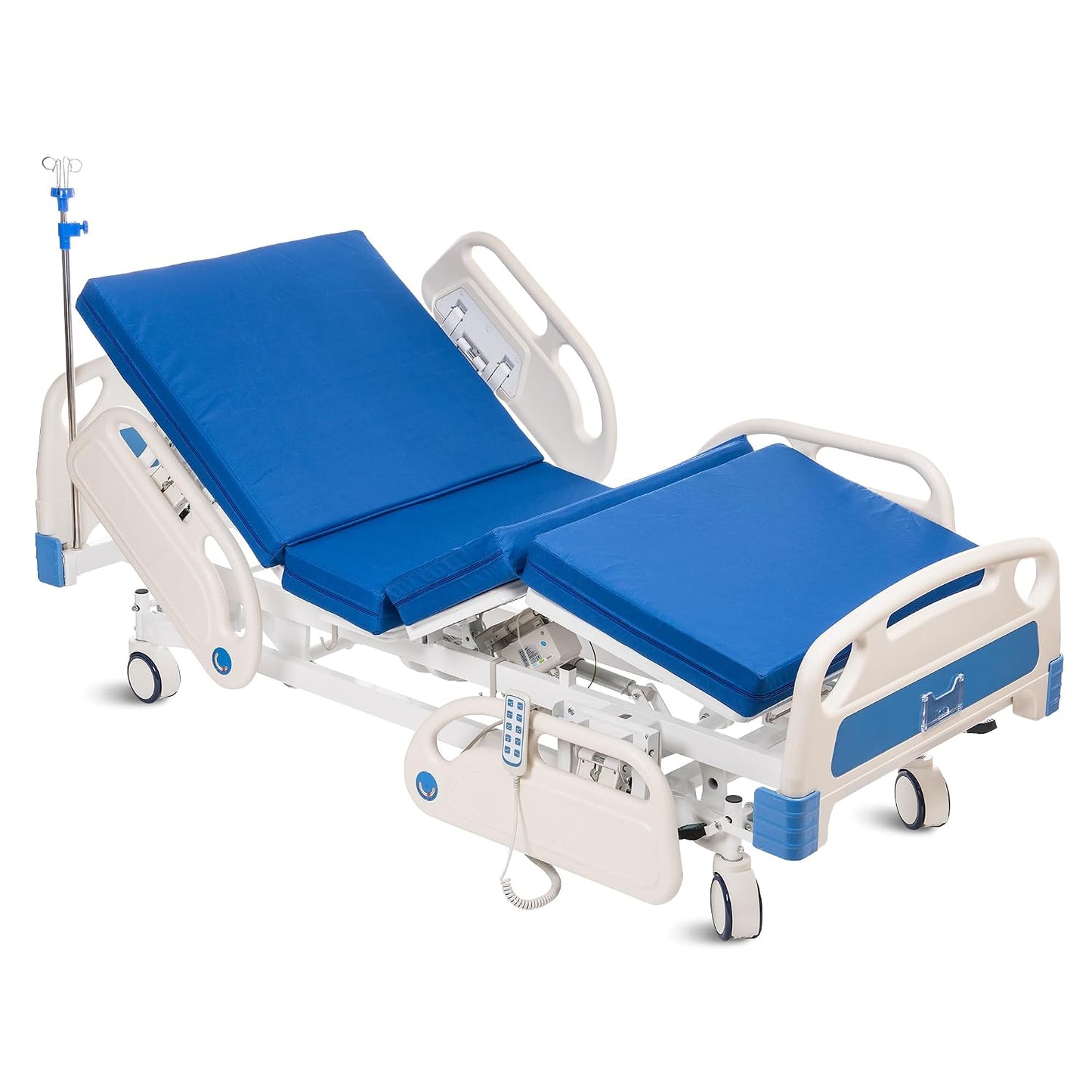 Real Relax Premium 3 Function Full Electric Hospital Bed (with Mattress & IV Pole), Premium Medical Hospital Beds, with Locking Casters, Motor, 530LBS Loading, Includes Sheets (2X)