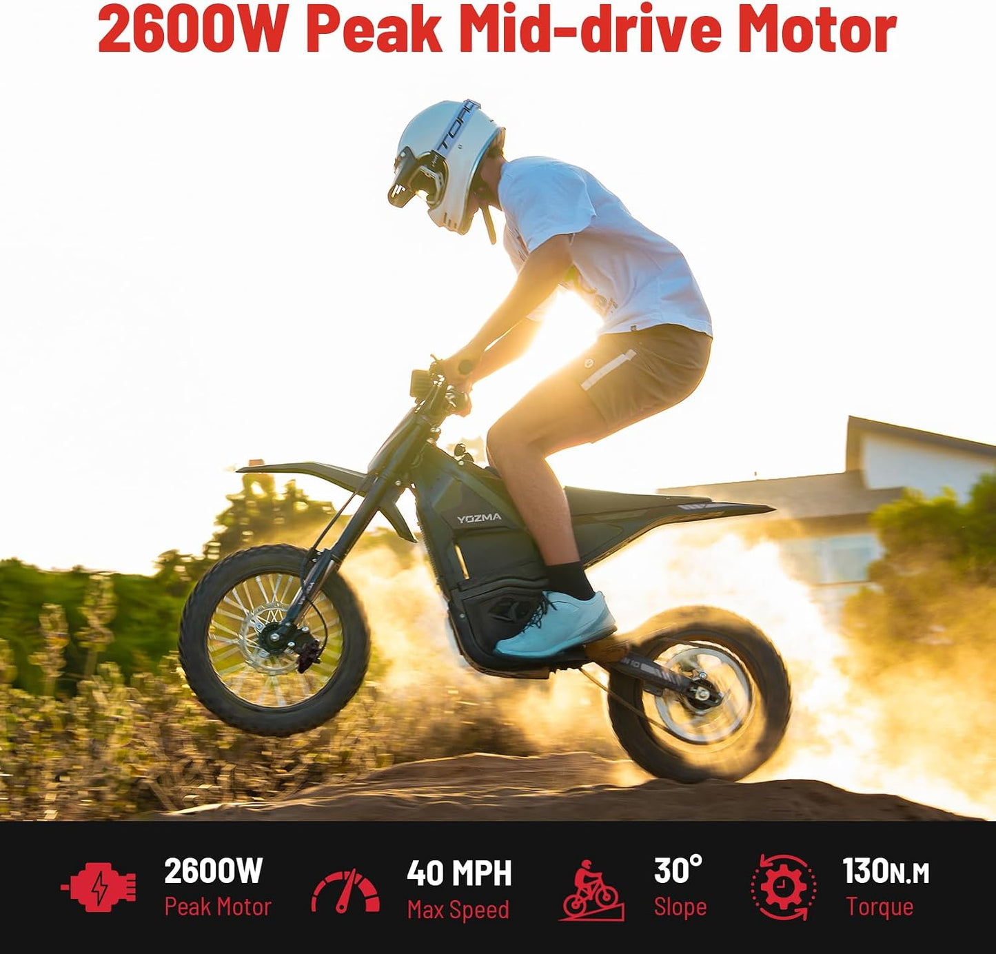 Yozma IN10 Electric Dirt Bike, 2600W 40MPH Electric-Motorcycle with 48V/23AH Battery Ebike, Full Hydraulic Brakes and Suspensions Mountain Off-Road E Dirt Bike, for Teens & Adults