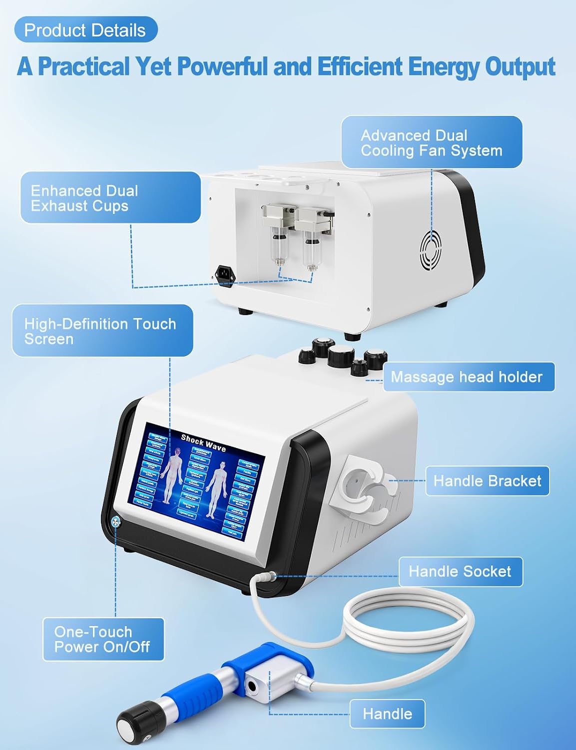 Shockwave Therapy Machine Extracorporeal Shock Wave Therapy Machine Pain Relief for Muscles and Joints, Painless, Non-Invasive No Side Effects, Ideal for Rehab & Gym Home Use