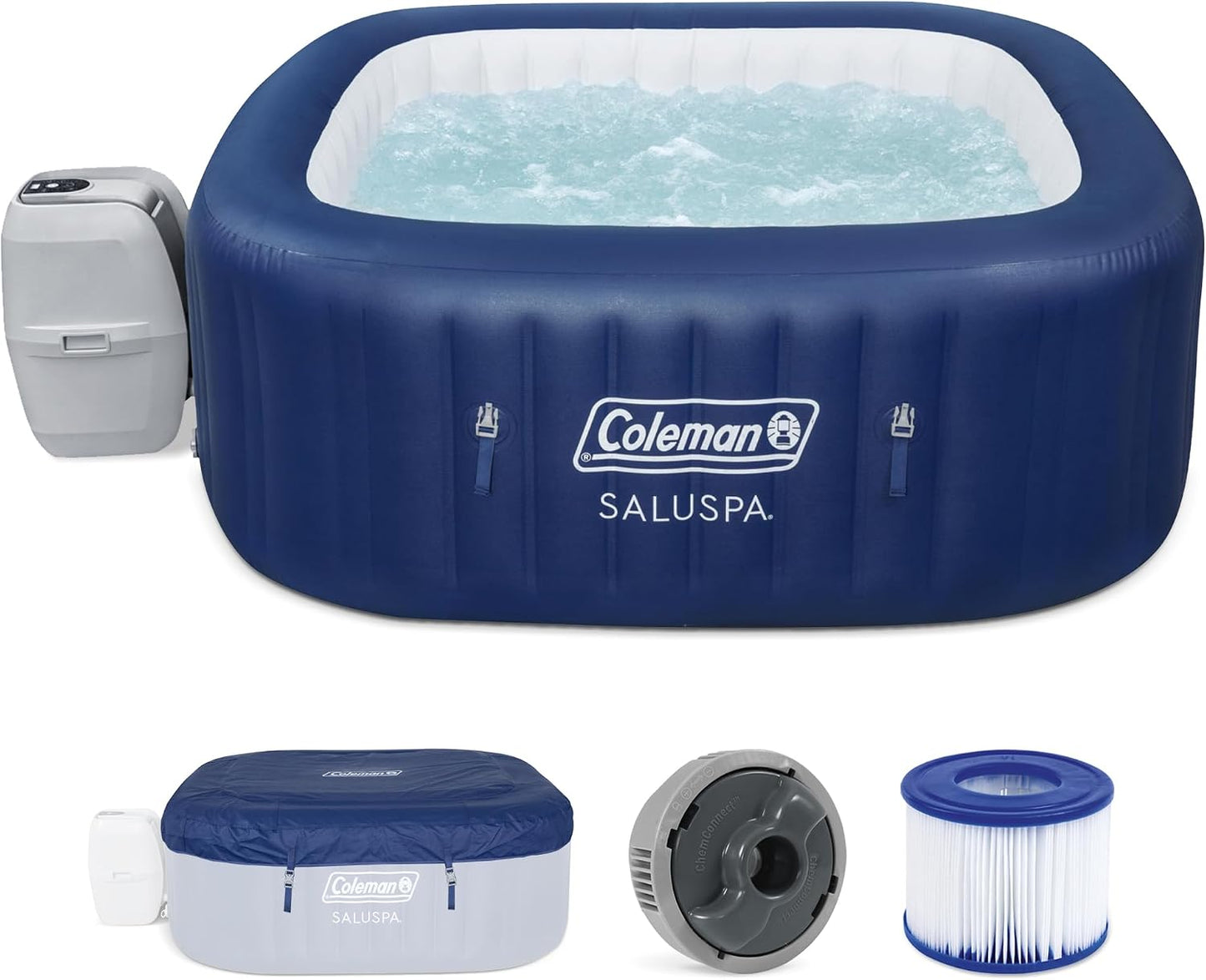 Coleman Hawaii AirJet Large Square 4 to 6 Person Inflatable Hot Tub Portable Outdoor Spa with 140 AirJets and EnergySense Cover, Grey