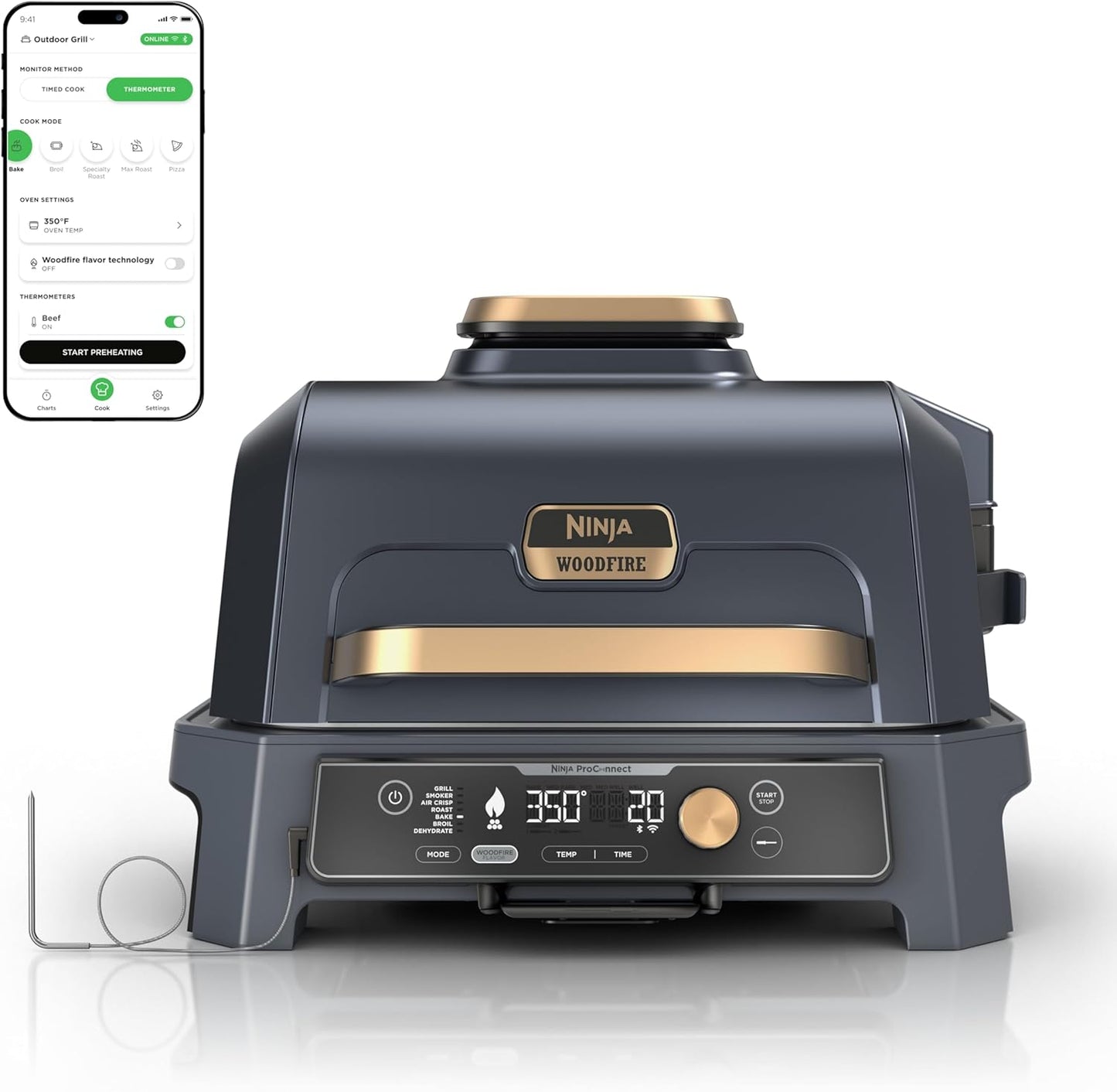 Ninja Woodfire Pro Connect XL Outdoor Grill & Smoker | Bluetooth, App Enabled | 7-in-1 Grill, BBQ Smoker, Outdoor Air Fryer | Woodfire Technology | Built-In Thermometer | Green & Gold | OG951GN2