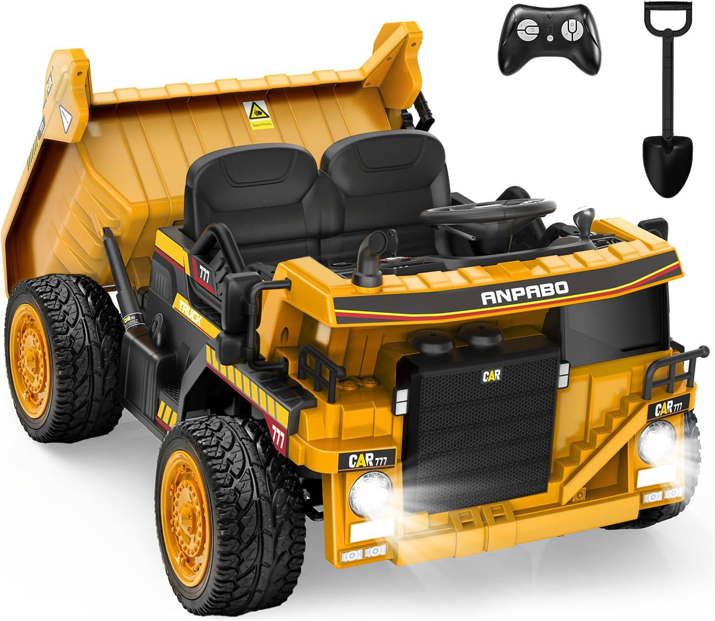 ANPABO 24V Ride On Dump Truck, 2 Seater Kids Car w/Remote Control, Dump Bed Electric, Extra Shovel, Durable EVA Tires, Bluetooth, Powerful 24V Motors, Ride on Toys for Boys & Girls-Yellow