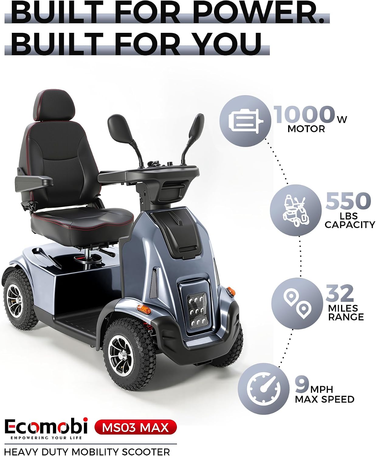 Ecomobi All-Terrain Heavy Duty Mobility Scooter for Seniors & Adults, 1000W Powerful Motor, 550 lbs Weight Capacity, 32 Mile Extended Range, 9 MPH, 13” Pneumatic Tires, Full Suspension, FDA Cleared