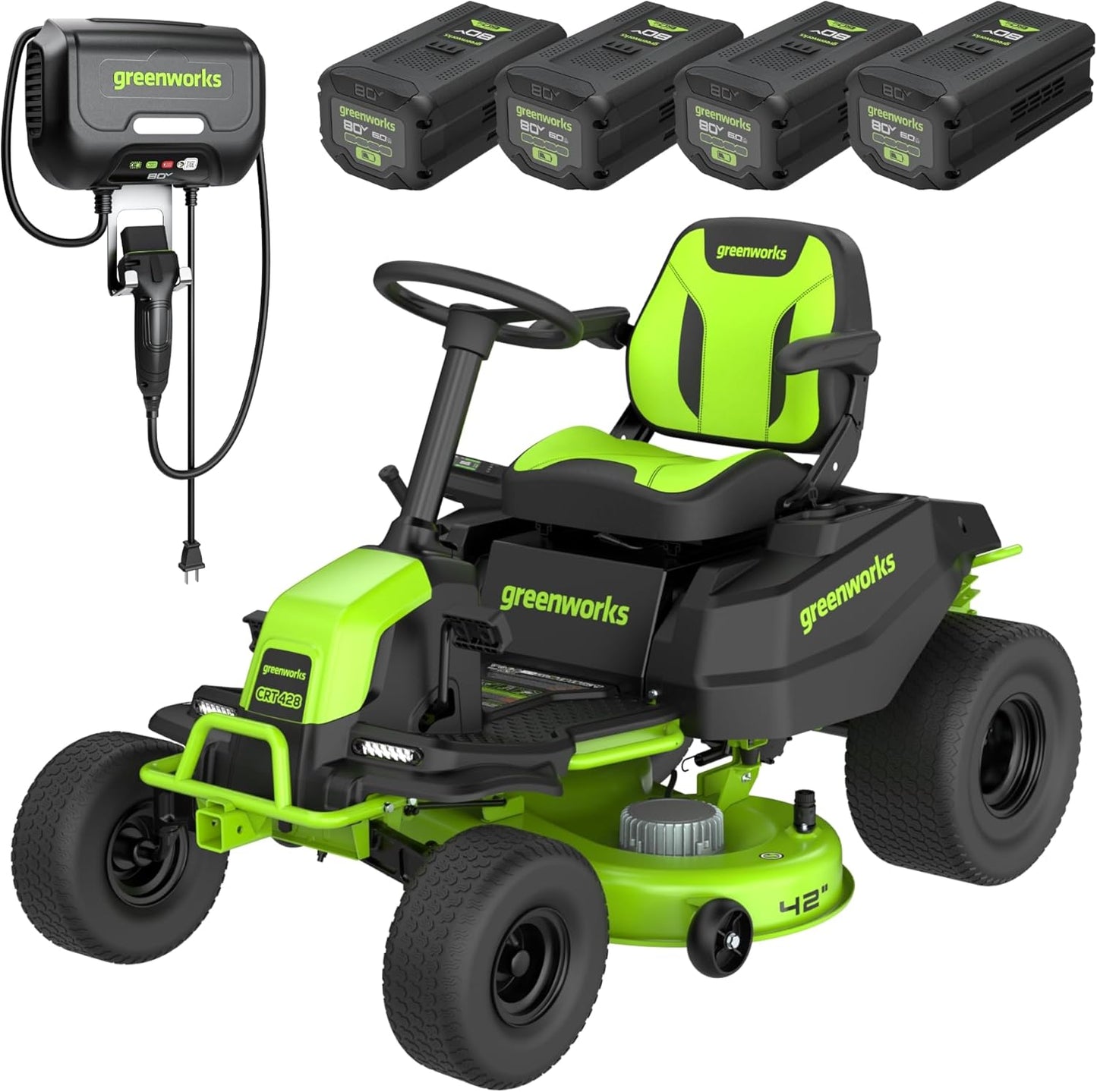 Greenworks 80V 42" CrossoverZ Zero Turn Riding Lawn Mower, (6) 6.0Ah Batteries and 600W Charger