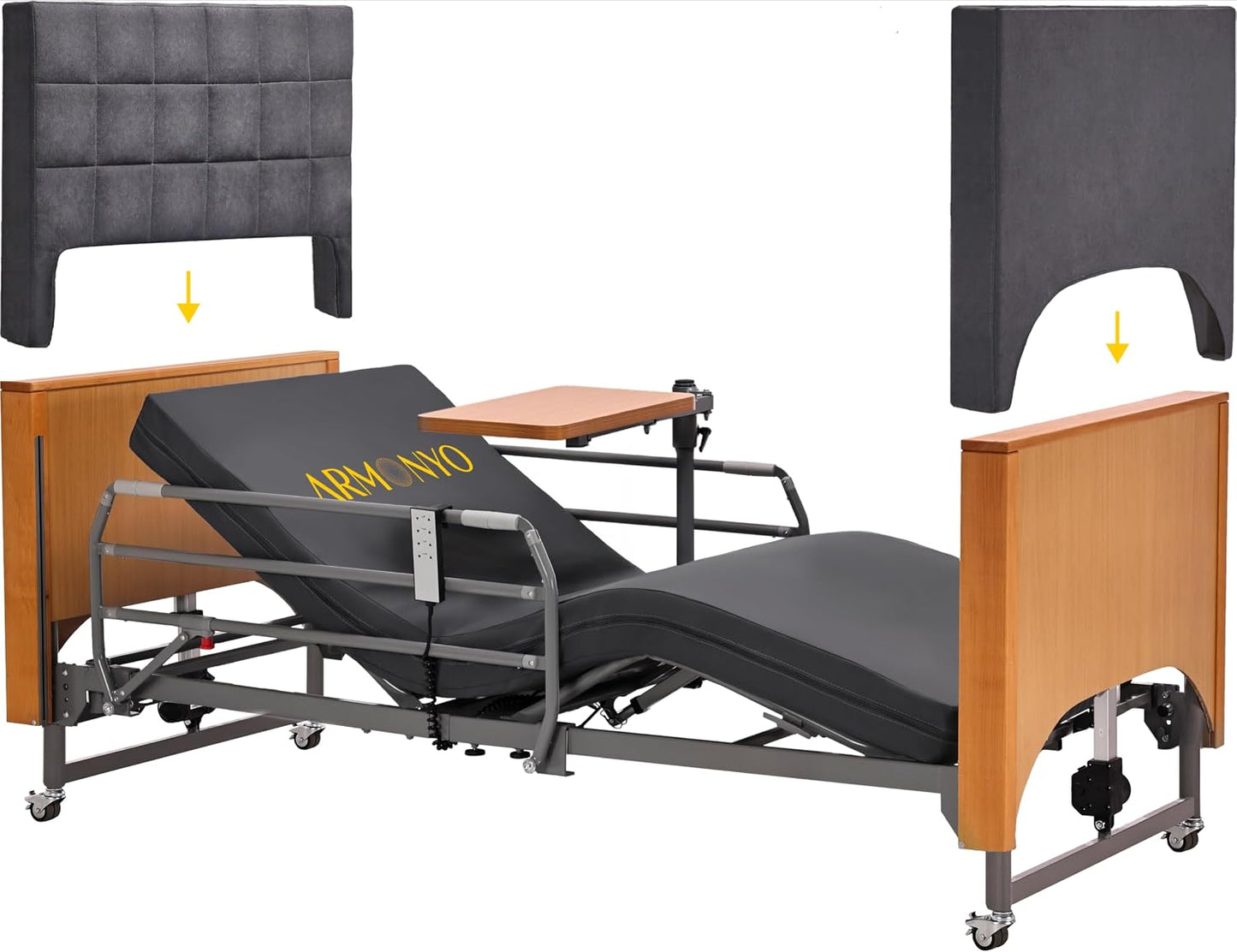 Electric Hospital Bed for Home Use – 5 Functions, Advanced German LIMOSS Motor, Ultra-Low 8.5"–25" Adjustable Height, Double Solid Wood Panels with Medical Overbed Table & Foldable Rails