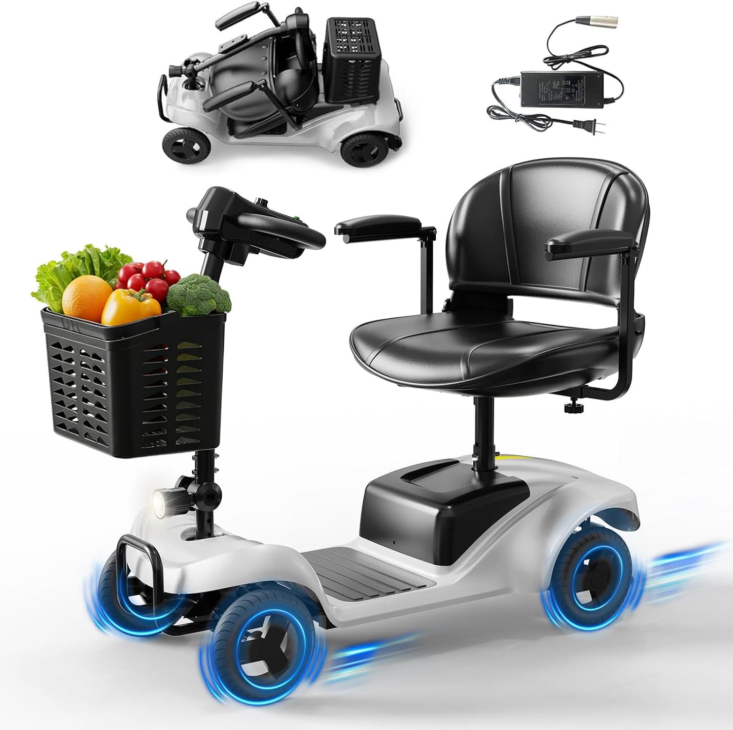 Mobility Scooter,4 Wheel Mobility Scooter,15 Miles Range,300W Motor, 300LBS Capacity,Lightweight and Portable,with LED Headlights and Basket,Charger Included,Blue