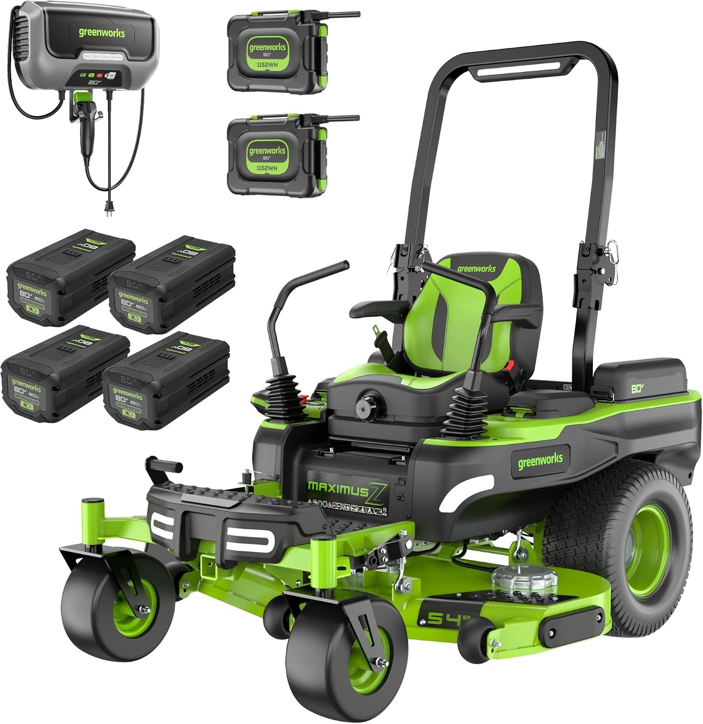 Greenworks 80V 42" CrossoverZ Zero Turn Riding Lawn Mower, (6) 6.0Ah Batteries and 600W Charger