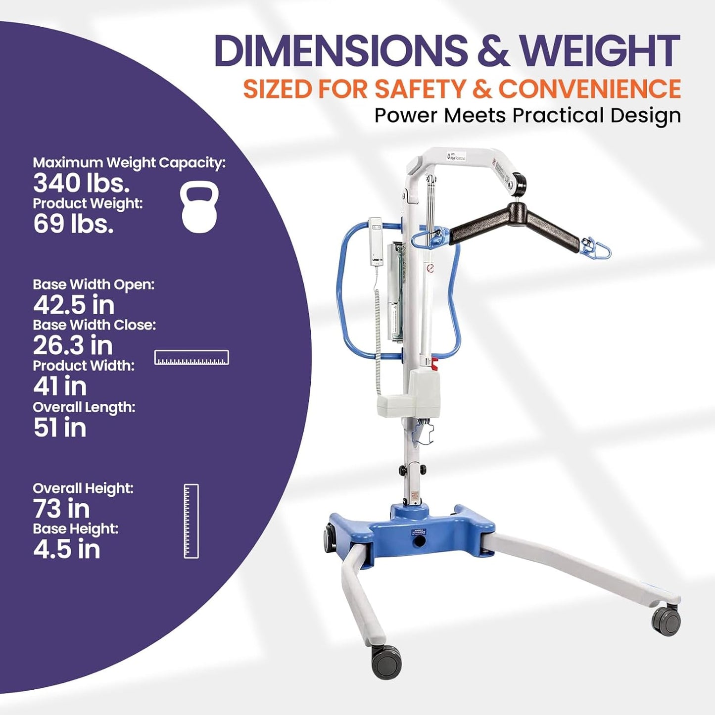 Joerns Hoyer Advance Electric Portable Patient Lift - Foldable Lightweight 70 lbs, 340 lb Capacity, Battery Powered for Home Care, Nursing & Professional Use- E340