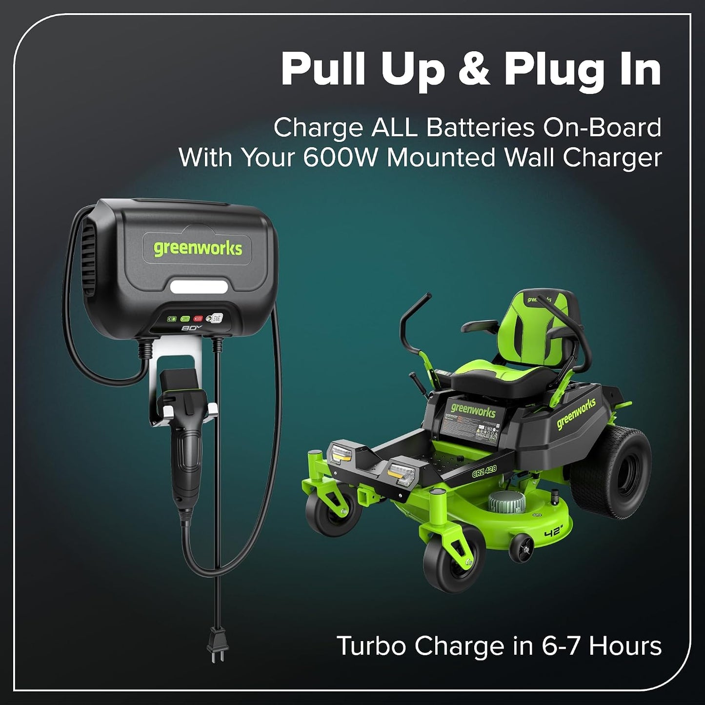 Greenworks 80V 42" CrossoverZ Zero Turn Riding Lawn Mower, (6) 6.0Ah Batteries and 600W Charger