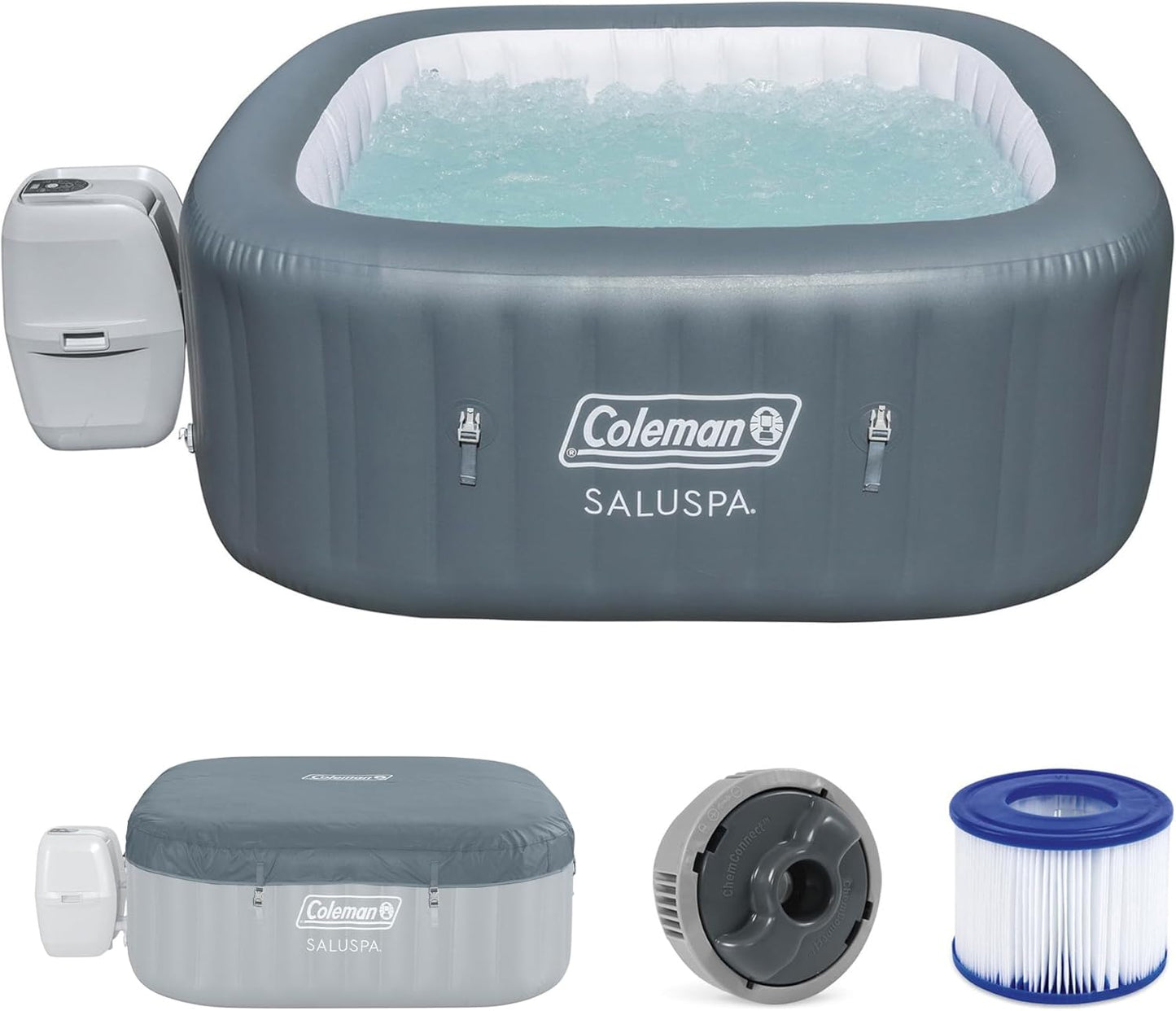 Coleman Hawaii AirJet Large Square 4 to 6 Person Inflatable Hot Tub Portable Outdoor Spa with 140 AirJets and EnergySense Cover, Grey