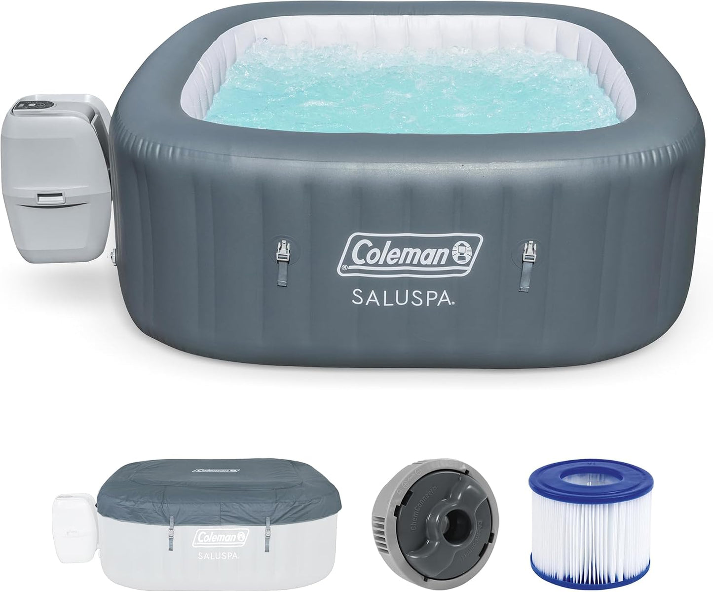 Coleman Hawaii AirJet Large Square 4 to 6 Person Inflatable Hot Tub Portable Outdoor Spa with 140 AirJets and EnergySense Cover, Grey