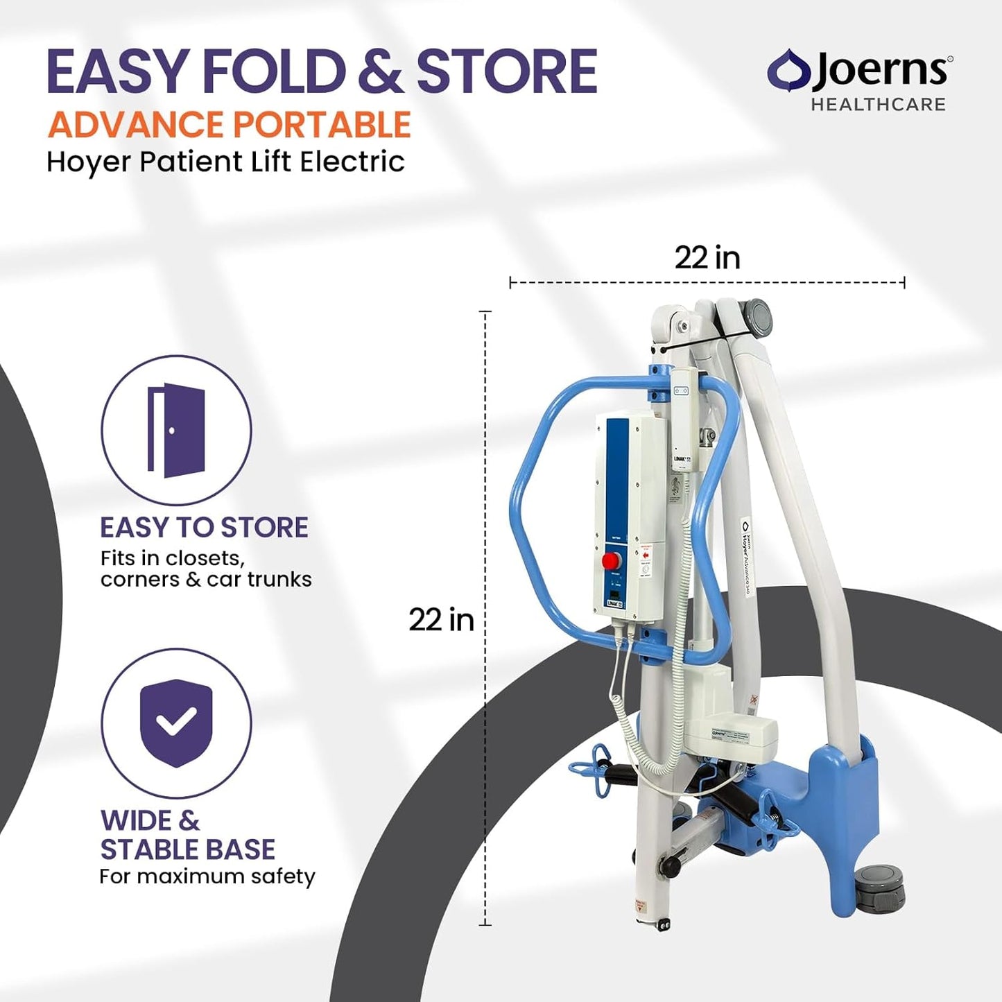 Joerns Hoyer Advance Electric Portable Patient Lift - Foldable Lightweight 70 lbs, 340 lb Capacity, Battery Powered for Home Care, Nursing & Professional Use- E340