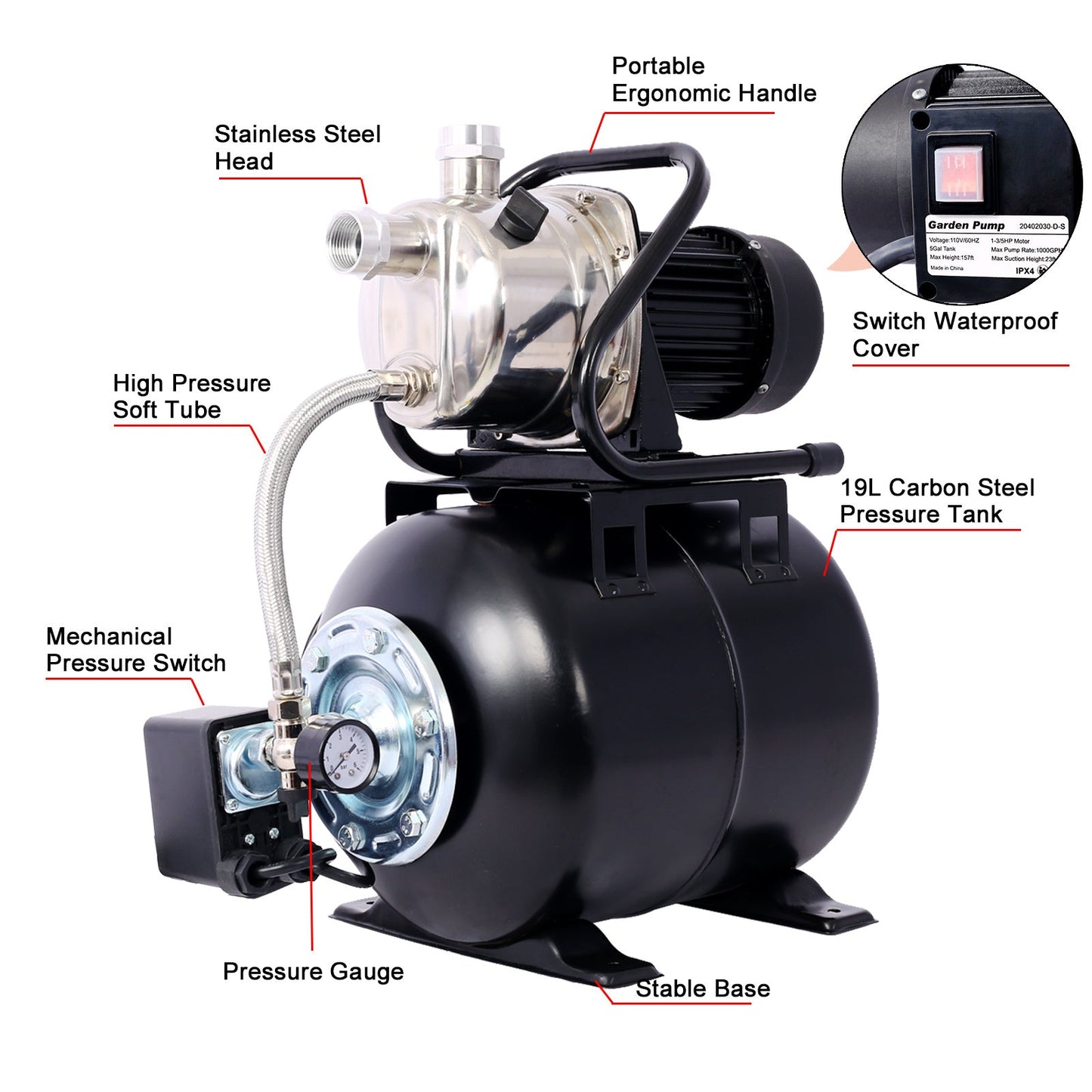 1.6HP Shallow Well Pump with 5-Gallon Pressure Tank – Automatic Water Booster, Garden &amp; Irrigation Pump
