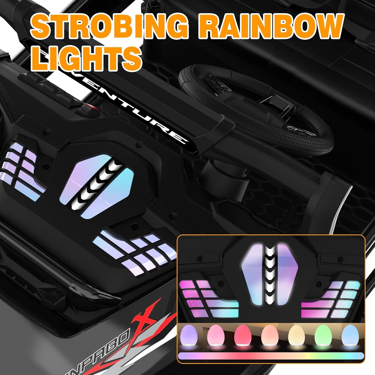 ANPABO 24V Ride On Toys for Big Kids, 2 Seater Ride on Car, 4x200W Kids Electric Car w/Remote, Rainbow Lights, Max 5.1Mph, Shock-Absorbing Springs, Storage, Bluetooth, Gifts for Aged 3-12, Black