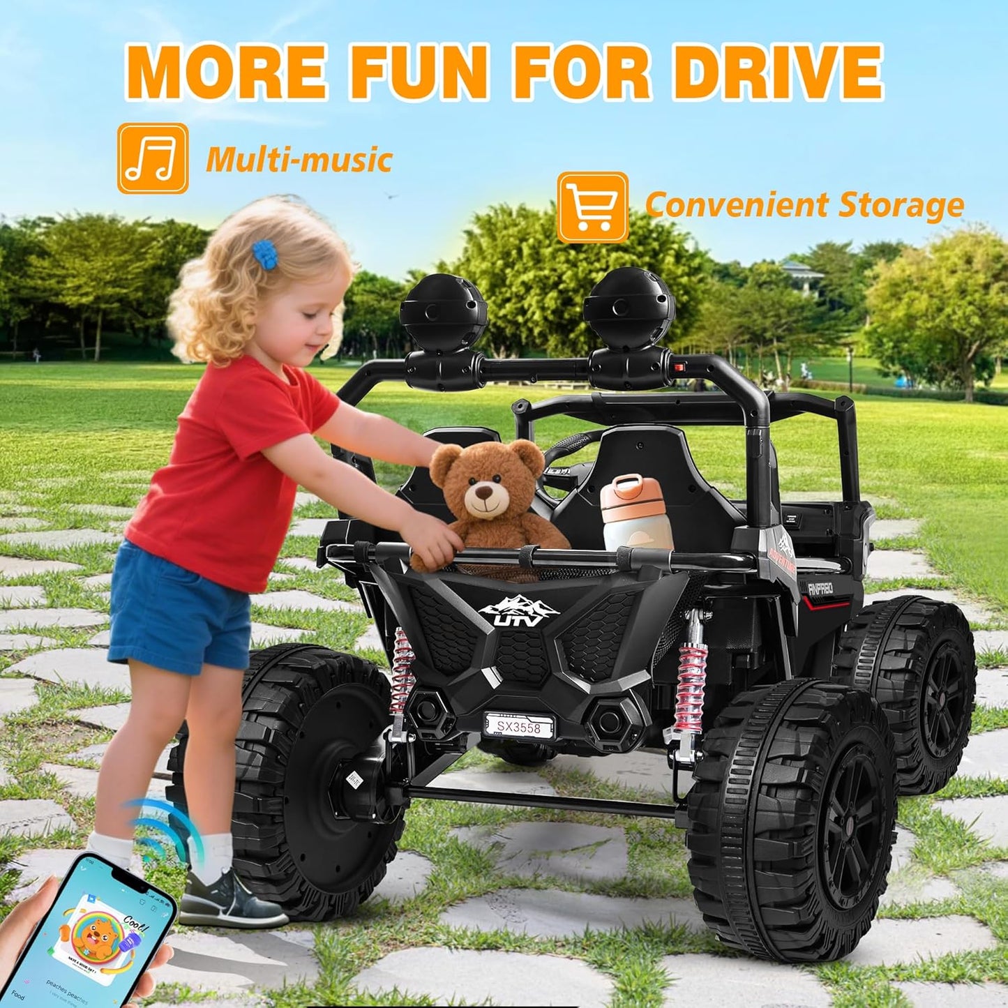 ANPABO 24V Ride On Toys for Big Kids, 2 Seater Ride on Car, 4x200W Kids Electric Car w/Remote, Rainbow Lights, Max 5.1Mph, Shock-Absorbing Springs, Storage, Bluetooth, Gifts for Aged 3-12, Black