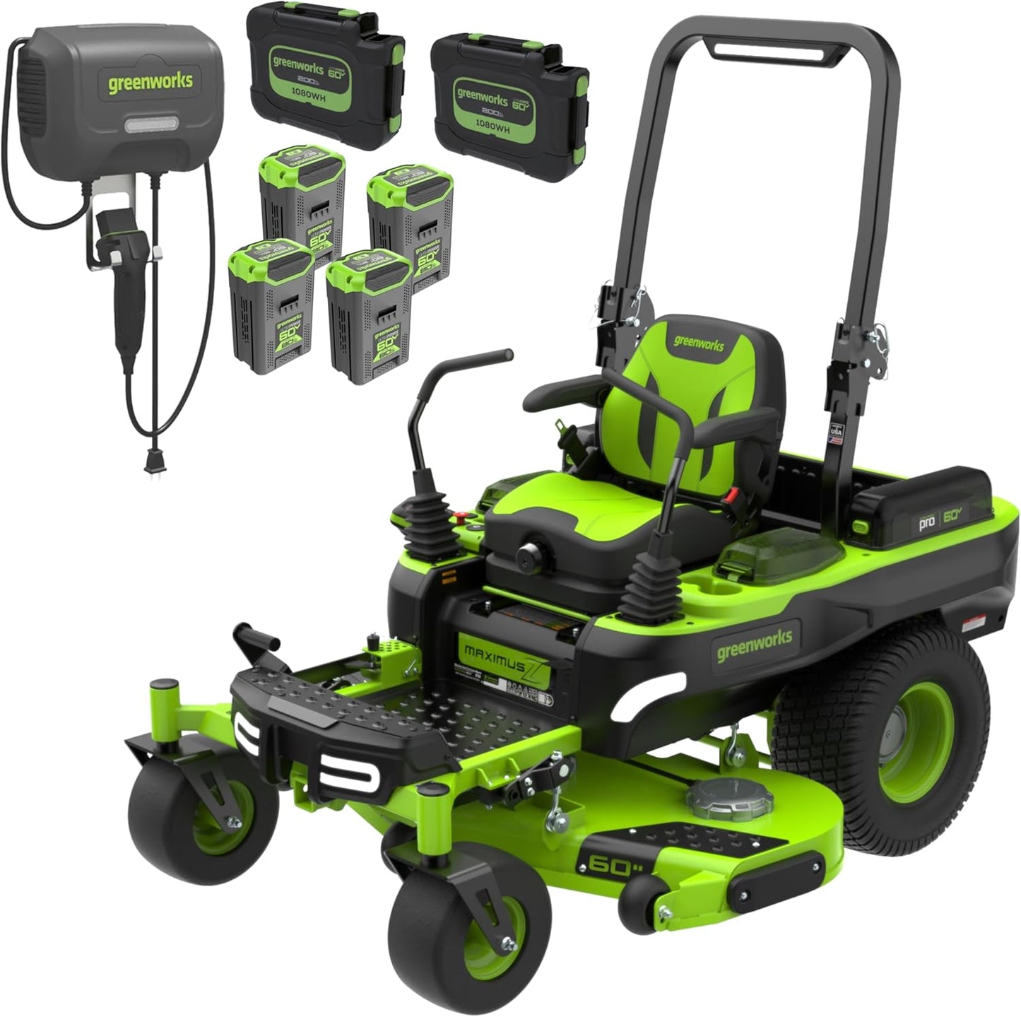 Greenworks 60V 30' Riding Lawn Mower (1.25 Acre, 16 HP Gas Equivalent, 6 MPH, Tow Up to 200 lbs.), (4) 8.0Ah Batteries (1,920 Wh Max) + Turbo Wall Charger