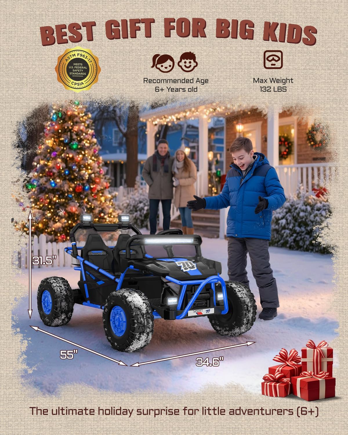 First Ride On 36V Kids Ride On UTV, 2-Seater 400W Electric Car for Kids 6+, 5-8 MPH Speed, 14" EVA Wheels, Metal Frame, Bluetooth Music, Rear Metal Suspension Off-Road Vehicle (Cobalt Blue)