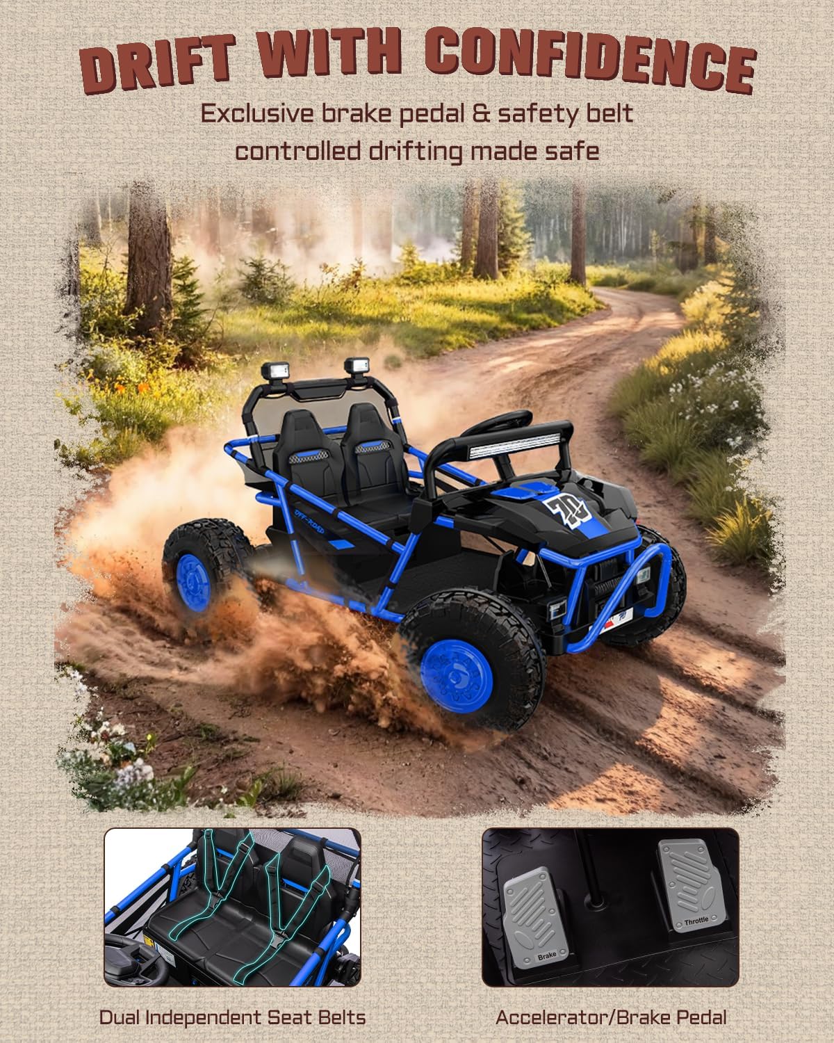 First Ride On 36V Kids Ride On UTV, 2-Seater 400W Electric Car for Kids 6+, 5-8 MPH Speed, 14" EVA Wheels, Metal Frame, Bluetooth Music, Rear Metal Suspension Off-Road Vehicle (Cobalt Blue)