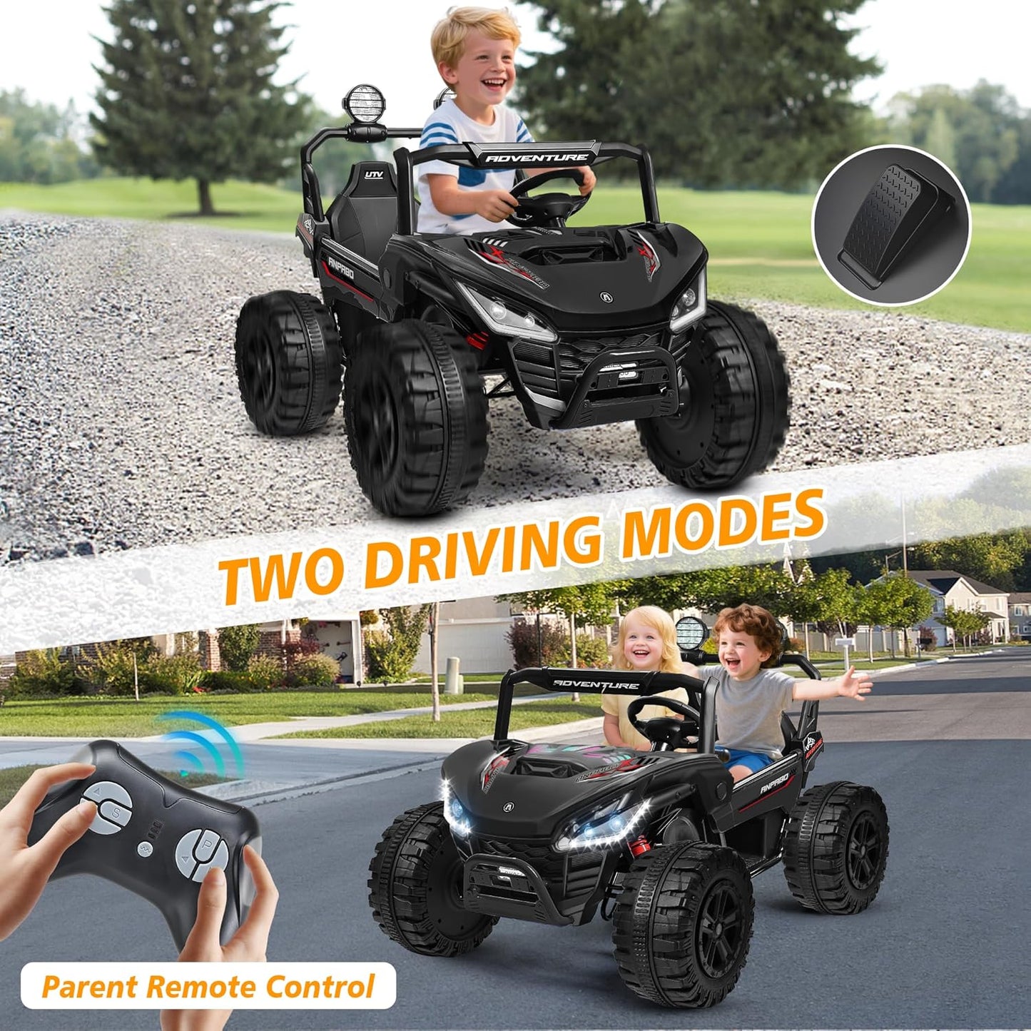 ANPABO 24V Ride On Toys for Big Kids, 2 Seater Ride on Car, 4x200W Kids Electric Car w/Remote, Rainbow Lights, Max 5.1Mph, Shock-Absorbing Springs, Storage, Bluetooth, Gifts for Aged 3-12, Black