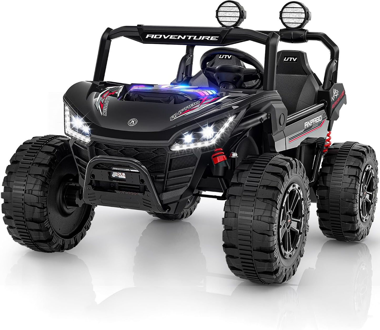 ANPABO 24V Ride On Toys for Big Kids, 2 Seater Ride on Car, 4x200W Kids Electric Car w/Remote, Rainbow Lights, Max 5.1Mph, Shock-Absorbing Springs, Storage, Bluetooth, Gifts for Aged 3-12, Black