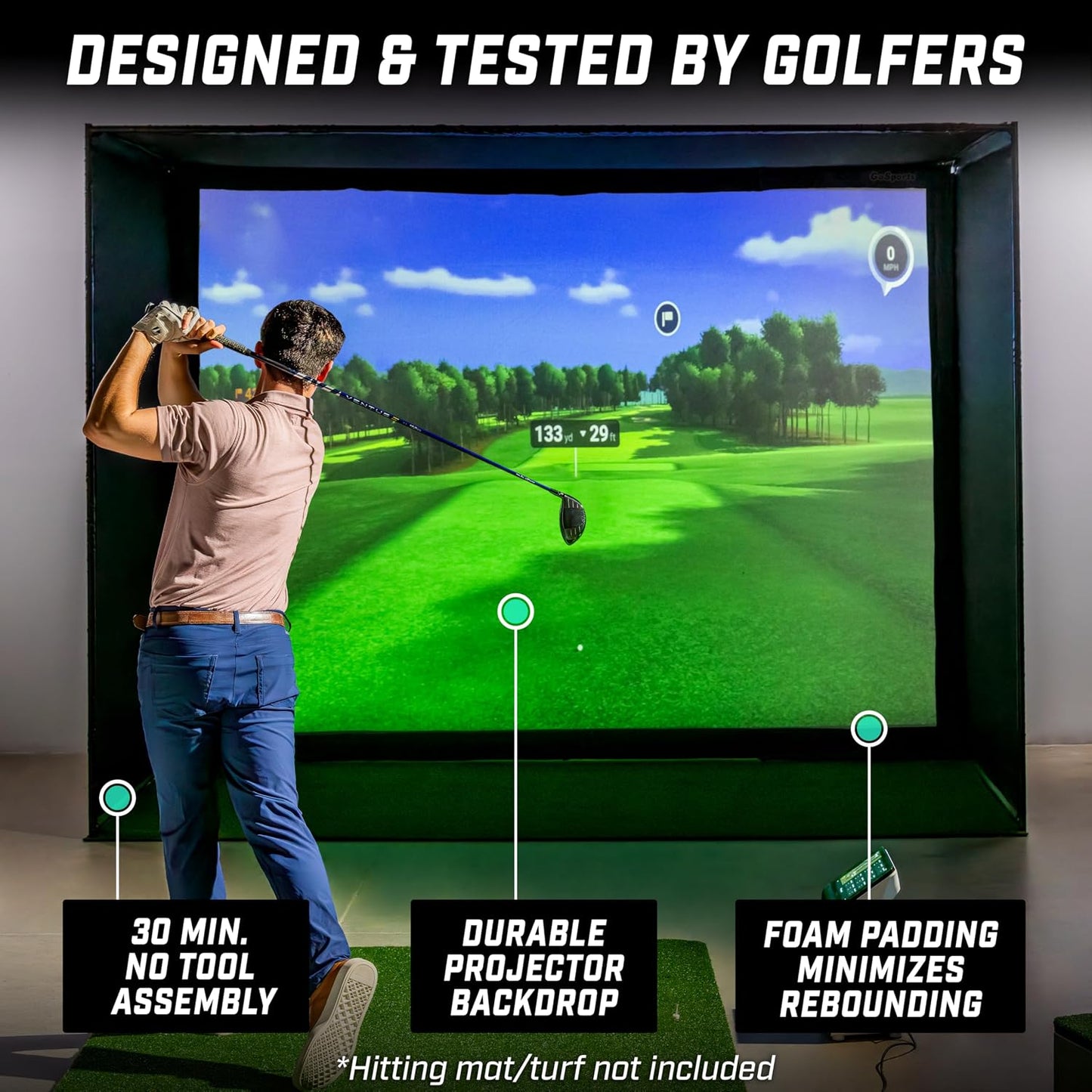 GoSports Golf Simulator Enclosure Nets - Complete Set with Frame and HD Impact Screen Kit - Indoor At Home Golf Training Equipment - Choose 10x8 ft, 12x9 ft, or 14x8 ft