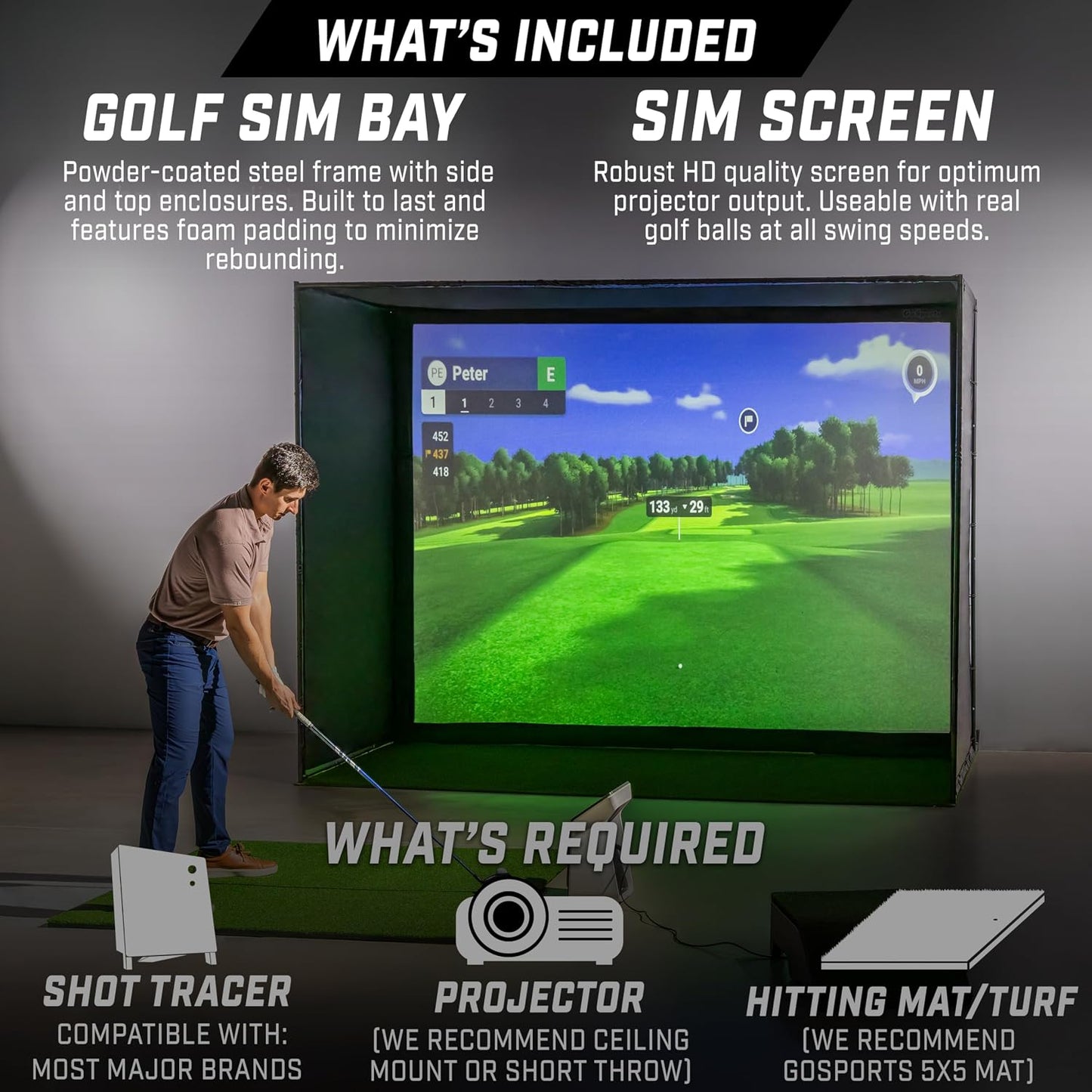 GoSports Golf Simulator Enclosure Nets - Complete Set with Frame and HD Impact Screen Kit - Indoor At Home Golf Training Equipment - Choose 10x8 ft, 12x9 ft, or 14x8 ft