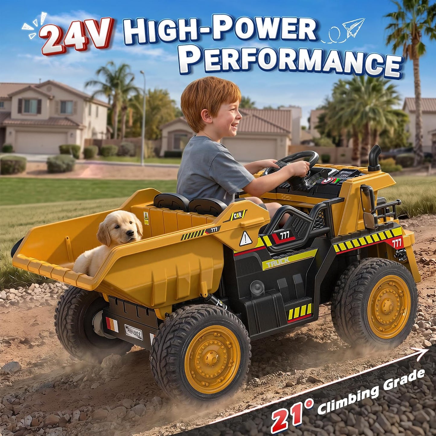 ANPABO 24V Ride On Dump Truck, 2 Seater Kids Car w/Remote Control, Dump Bed Electric, Extra Shovel, Durable EVA Tires, Bluetooth, Powerful 24V Motors, Ride on Toys for Boys & Girls-Yellow