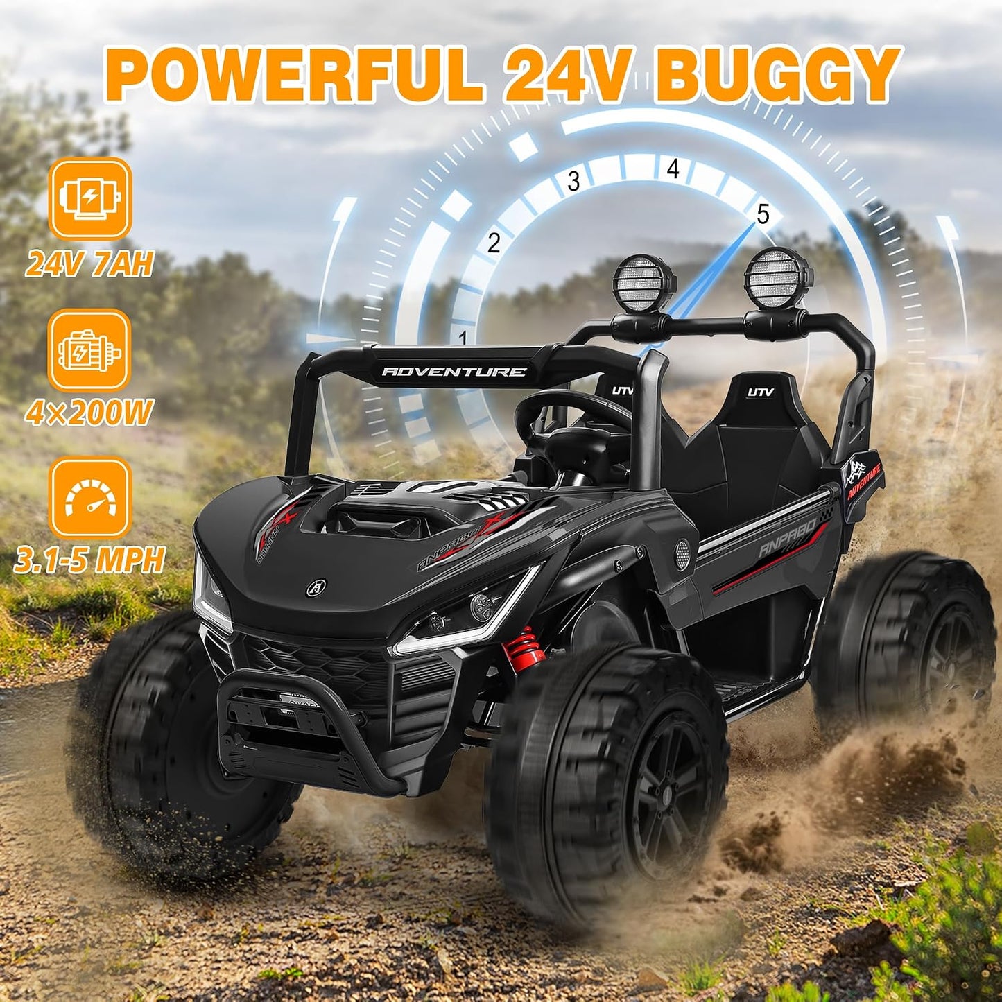 ANPABO 24V Ride On Toys for Big Kids, 2 Seater Ride on Car, 4x200W Kids Electric Car w/Remote, Rainbow Lights, Max 5.1Mph, Shock-Absorbing Springs, Storage, Bluetooth, Gifts for Aged 3-12, Black