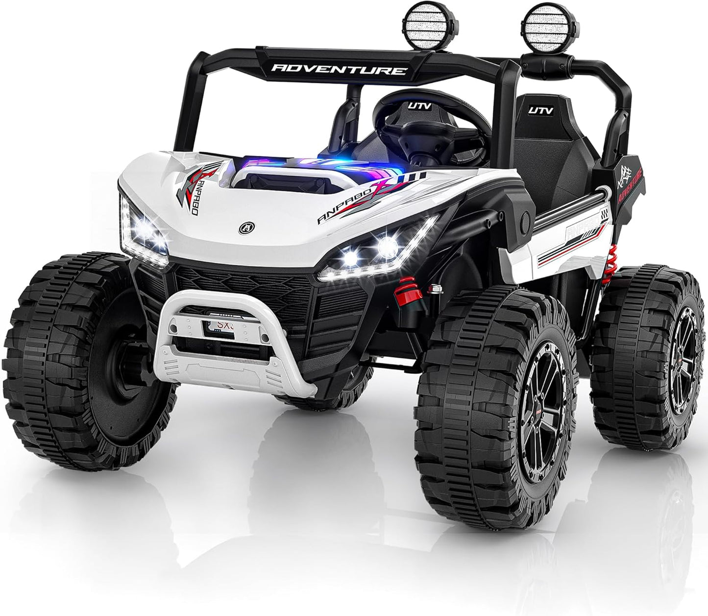 ANPABO 24V Ride On Toys for Big Kids, 2 Seater Ride on Car, 4x200W Kids Electric Car w/Remote, Rainbow Lights, Max 5.1Mph, Shock-Absorbing Springs, Storage, Bluetooth, Gifts for Aged 3-12, Black