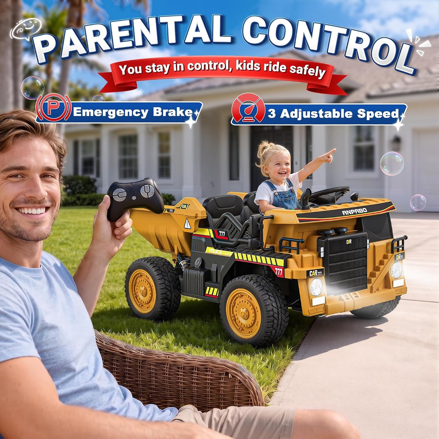ANPABO 24V Ride On Dump Truck, 2 Seater Kids Car w/Remote Control, Dump Bed Electric, Extra Shovel, Durable EVA Tires, Bluetooth, Powerful 24V Motors, Ride on Toys for Boys & Girls-Yellow