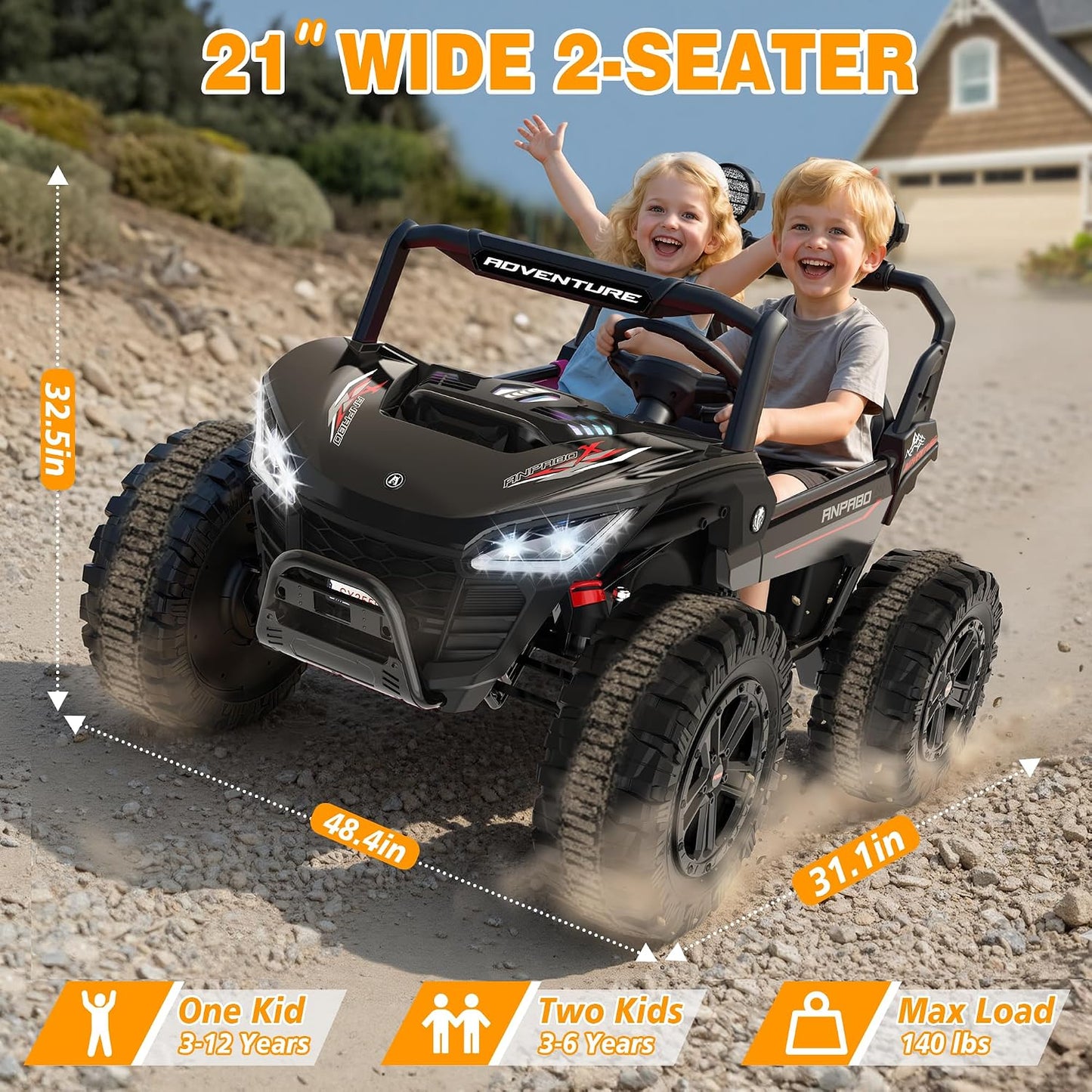 ANPABO 24V Ride On Toys for Big Kids, 2 Seater Ride on Car, 4x200W Kids Electric Car w/Remote, Rainbow Lights, Max 5.1Mph, Shock-Absorbing Springs, Storage, Bluetooth, Gifts for Aged 3-12, Black