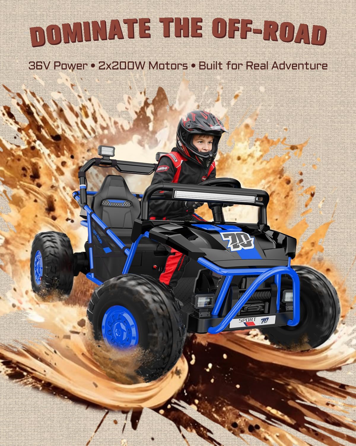 First Ride On 36V Kids Ride On UTV, 2-Seater 400W Electric Car for Kids 6+, 5-8 MPH Speed, 14" EVA Wheels, Metal Frame, Bluetooth Music, Rear Metal Suspension Off-Road Vehicle (Cobalt Blue)